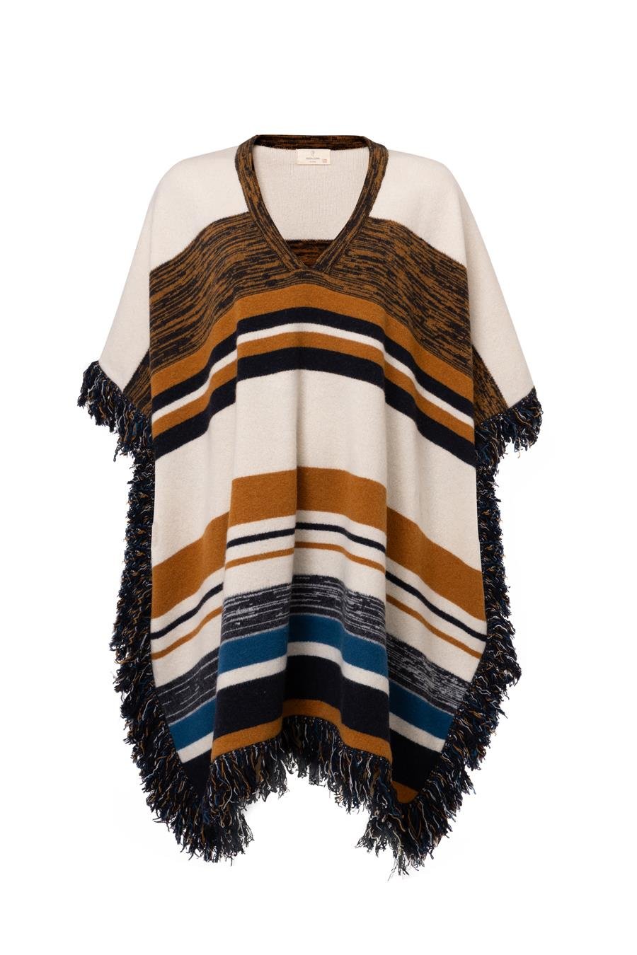 Peraluna MELODY PONCHO Çizgili Yün Karışım Diz Boy Püsküllü Kadın Triko Panço - Multi