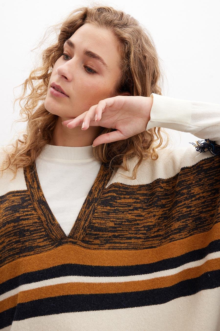 Peraluna MELODY PONCHO Çizgili Yün Karışım Diz Boy Püsküllü Kadın Triko Panço - Multi