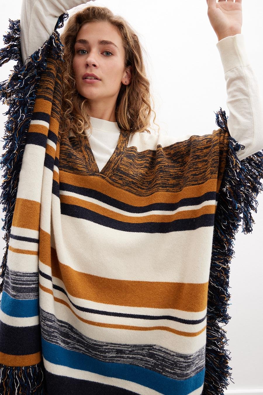 Peraluna MELODY PONCHO Çizgili Yün Karışım Diz Boy Püsküllü Kadın Triko Panço - Multi
