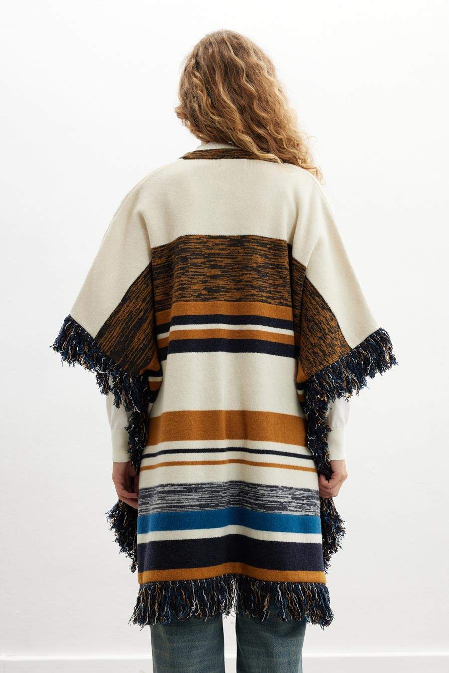 Peraluna MELODY PONCHO Çizgili Yün Karışım Diz Boy Püsküllü Kadın Triko Panço - Multi