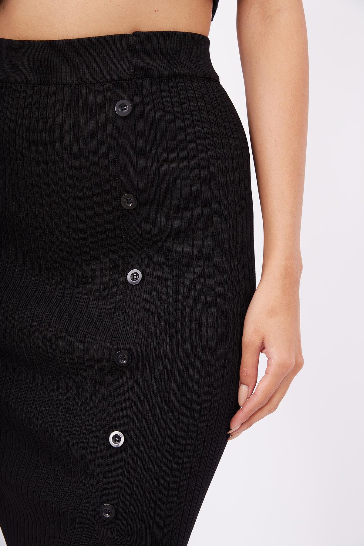 Peraluna Midi Boy Yandan Düğmeli Ribana Kadın Triko Etek - Siyah