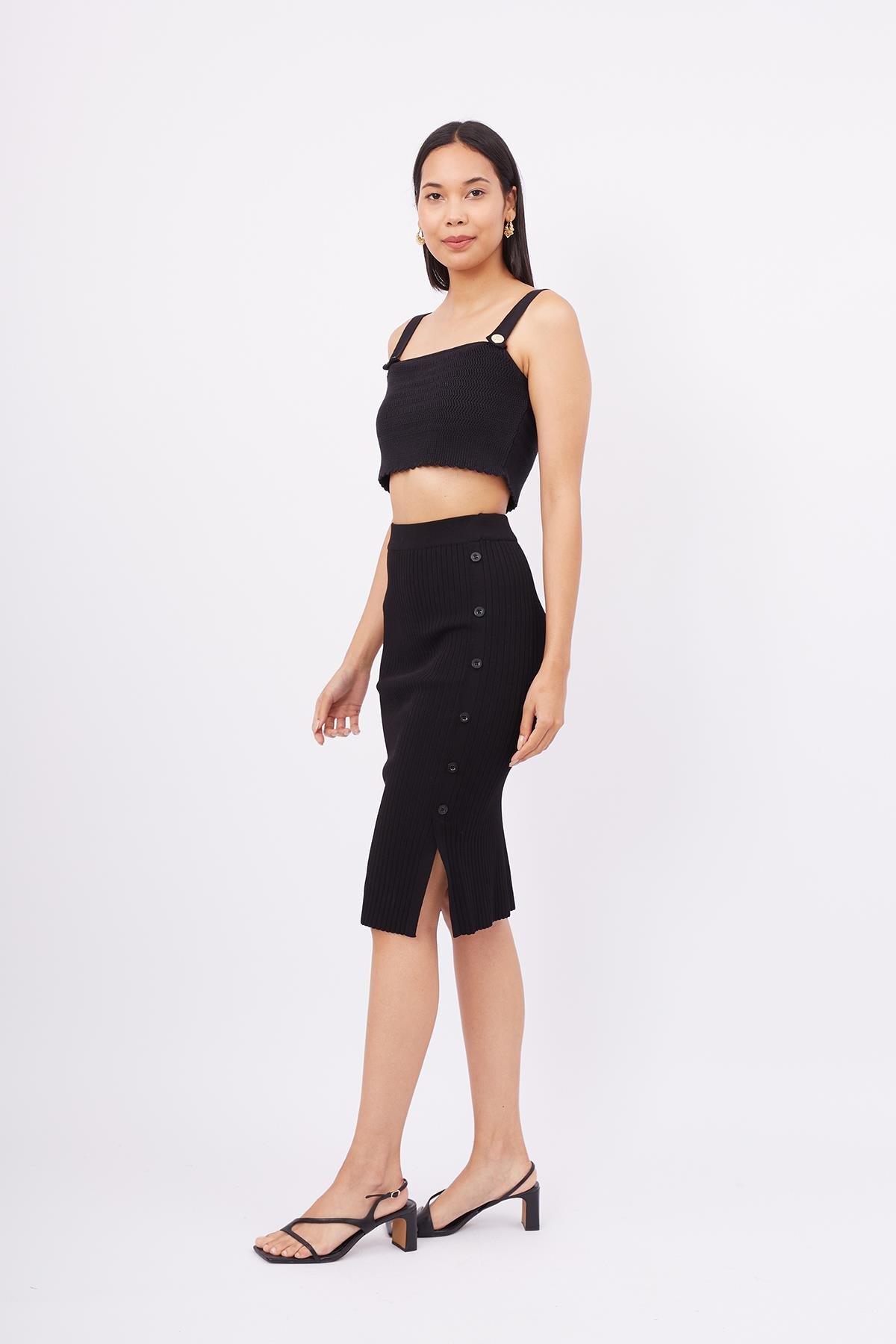 Peraluna Midi Boy Yandan Düğmeli Ribana Kadın Triko Etek - Siyah