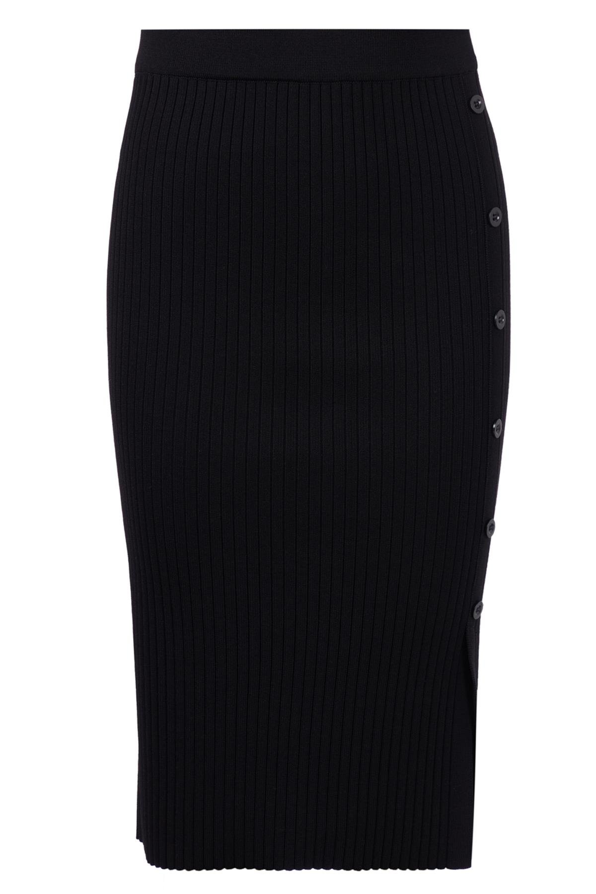 Peraluna Midi Boy Yandan Düğmeli Ribana Kadın Triko Etek - Siyah