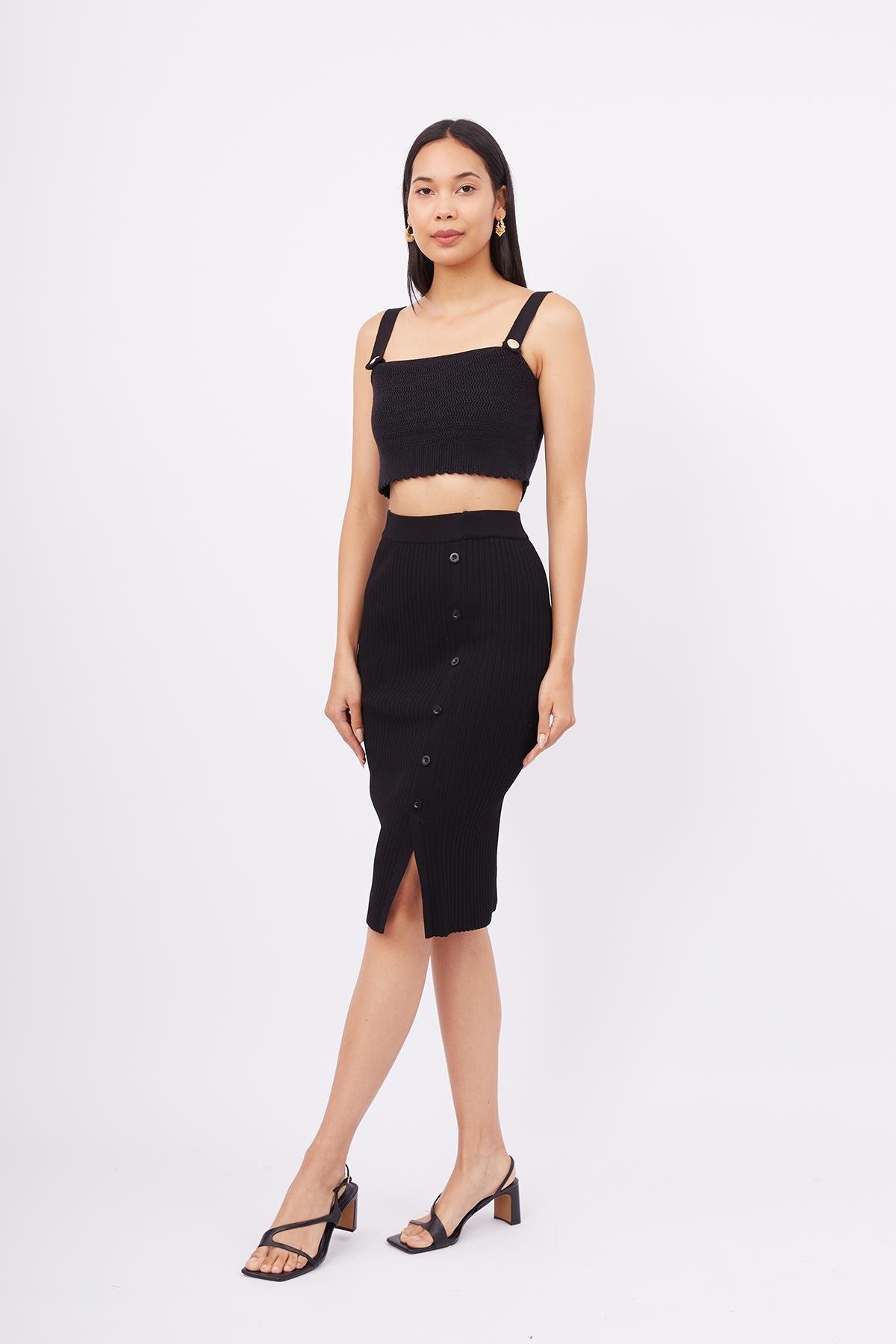 Peraluna Midi Boy Yandan Düğmeli Ribana Kadın Triko Etek - Siyah