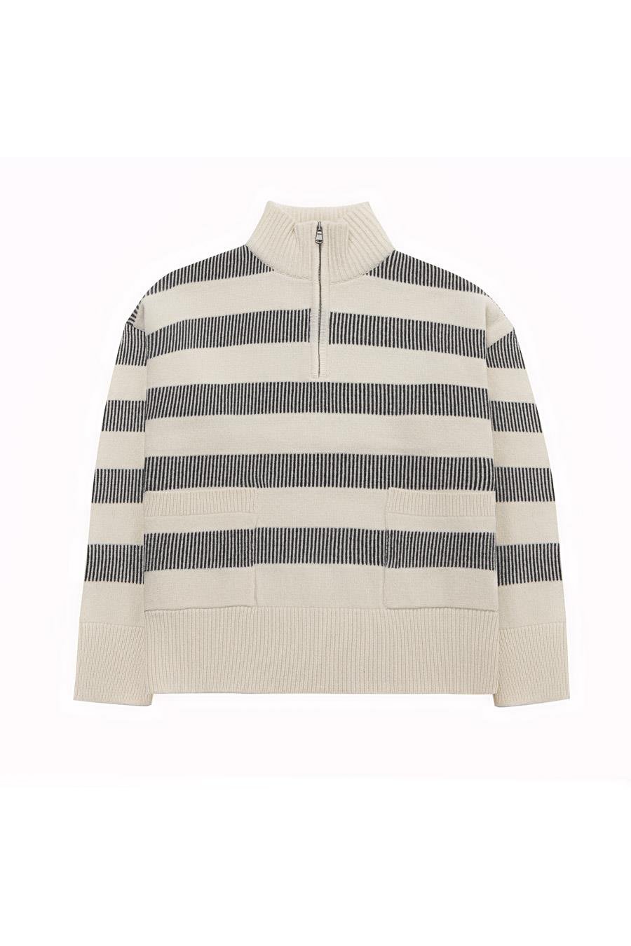 Peraluna MISTY SWEATER Yüksek Yaka Fermuarlı Çizgili Yün Karışım Kadın Triko Kazak - Ekru