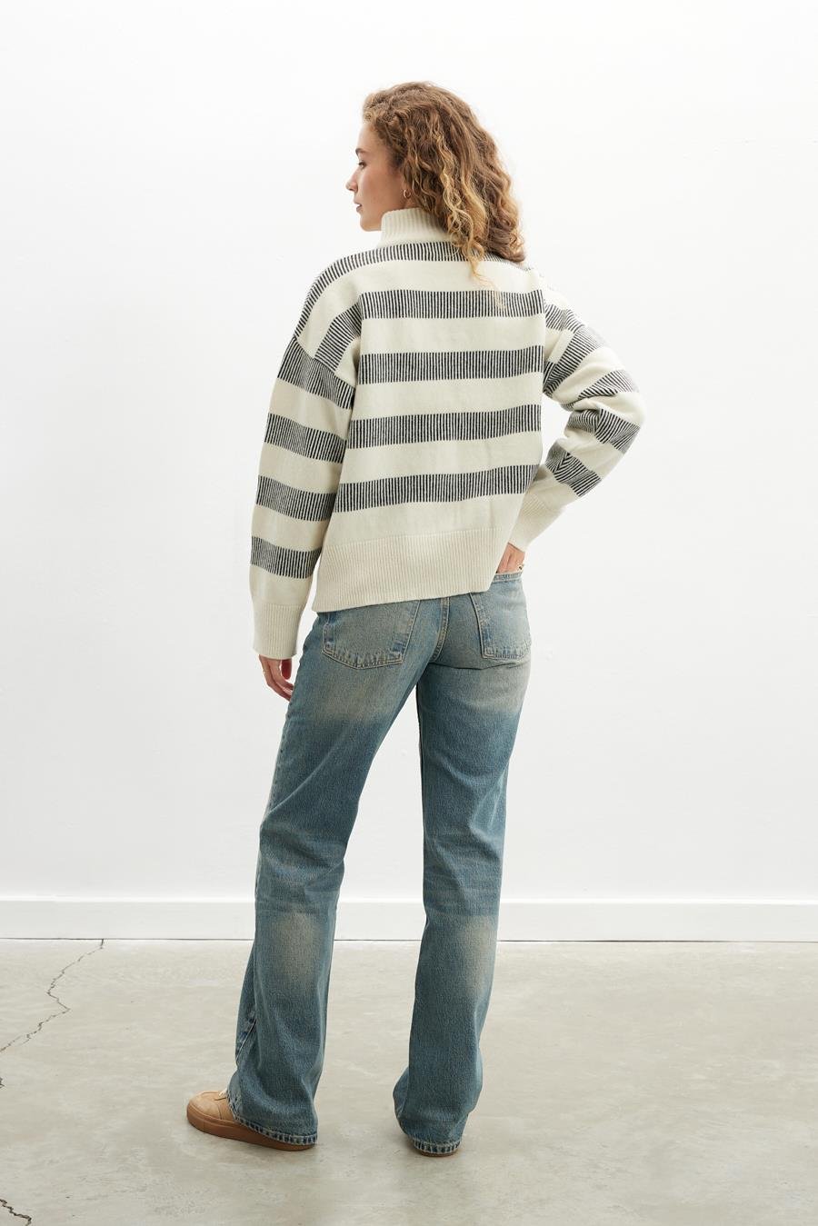 Peraluna MISTY SWEATER Yüksek Yaka Fermuarlı Çizgili Yün Karışım Kadın Triko Kazak - Ekru