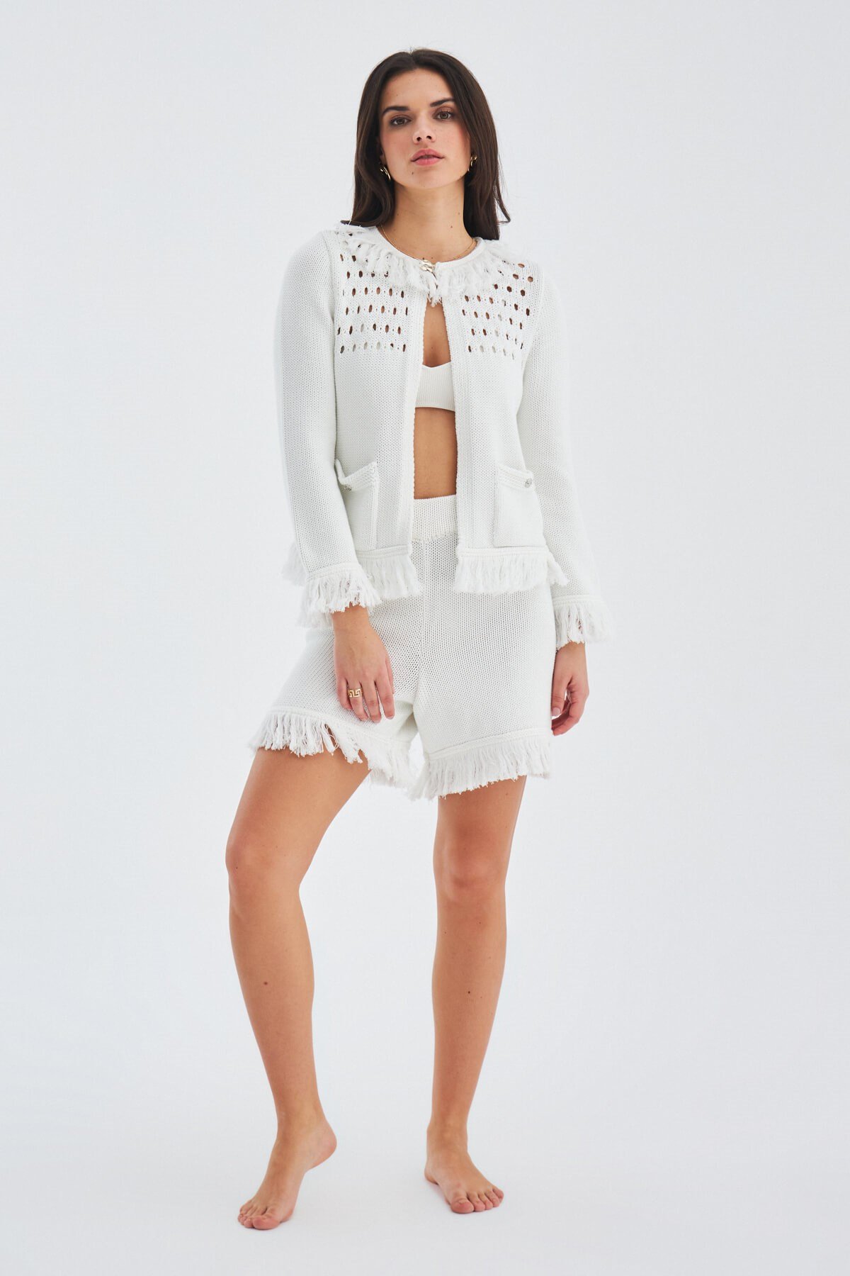 Peraluna MIYOKİ CARDIGAN & SHORT Mevsimlik Pamuklu Kadın Triko Takım Şort Kırık Beyaz