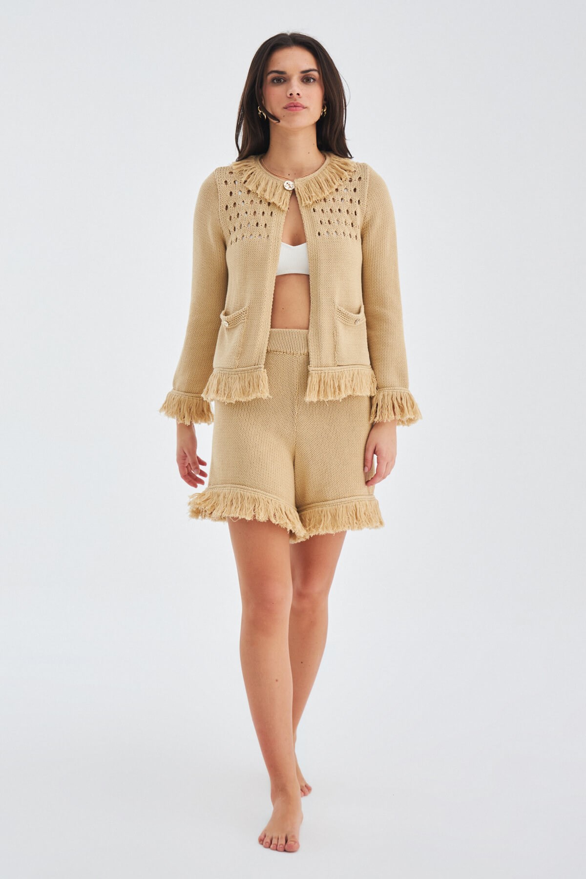 Peraluna MIYOKİ CARDIGAN & SHORT Mevsimlik Pamuklu Kadın Triko Takım Şort Bej