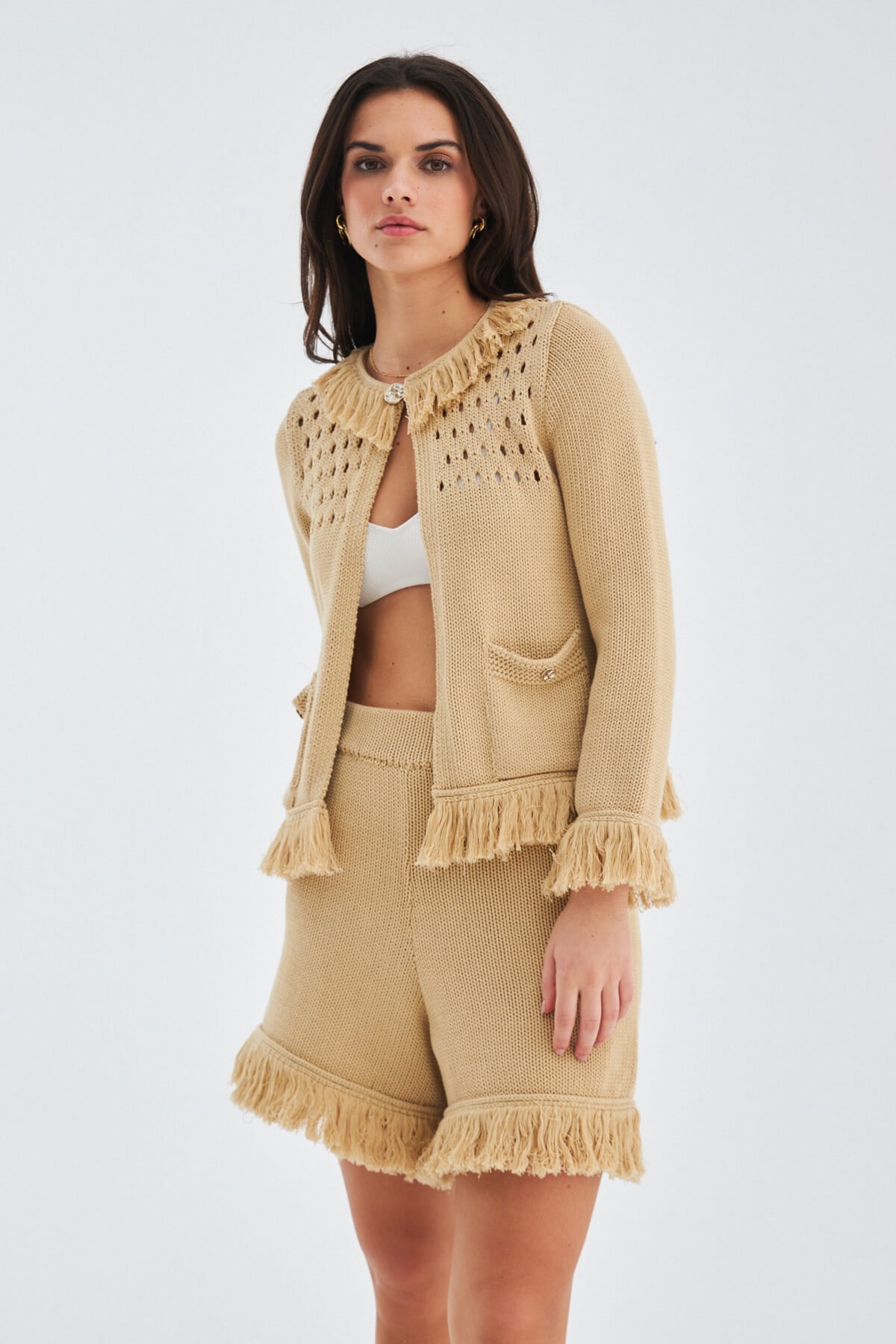 Peraluna MIYOKİ CARDIGAN & SHORT Mevsimlik Pamuklu Kadın Triko Takım Şort Bej