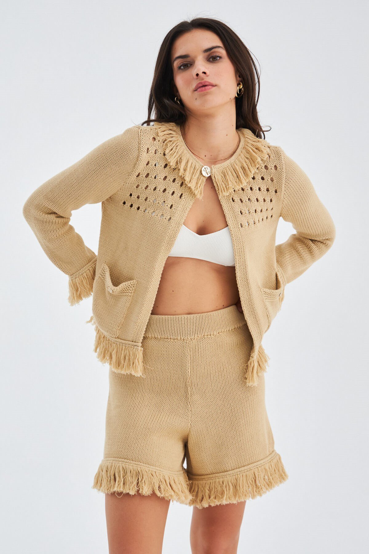 Peraluna MIYOKİ CARDIGAN & SHORT Mevsimlik Pamuklu Kadın Triko Takım Şort Bej