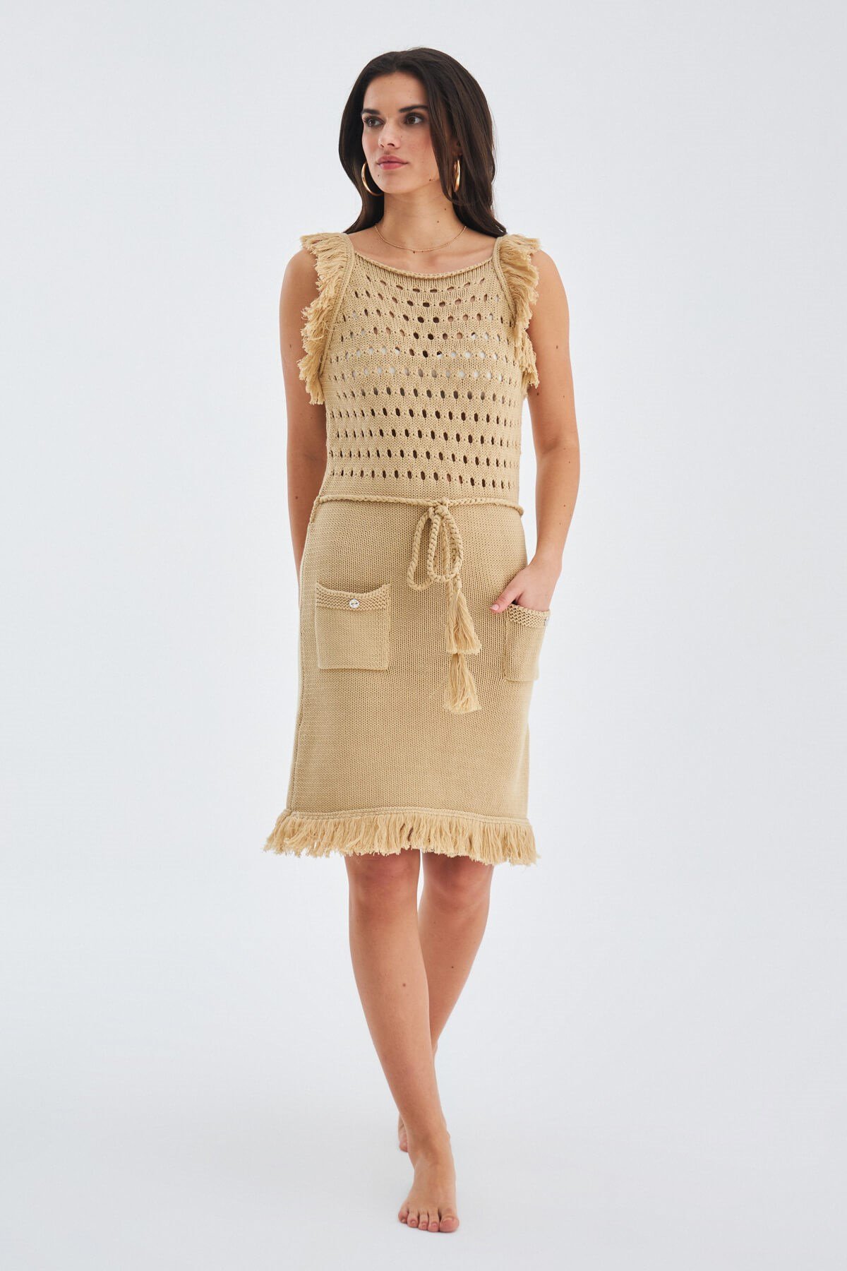 Peraluna MIYOKI DRESS 100% Cotton Above Knee Sleeveles Women's Knitwear Tassel Summer Dress - Beige