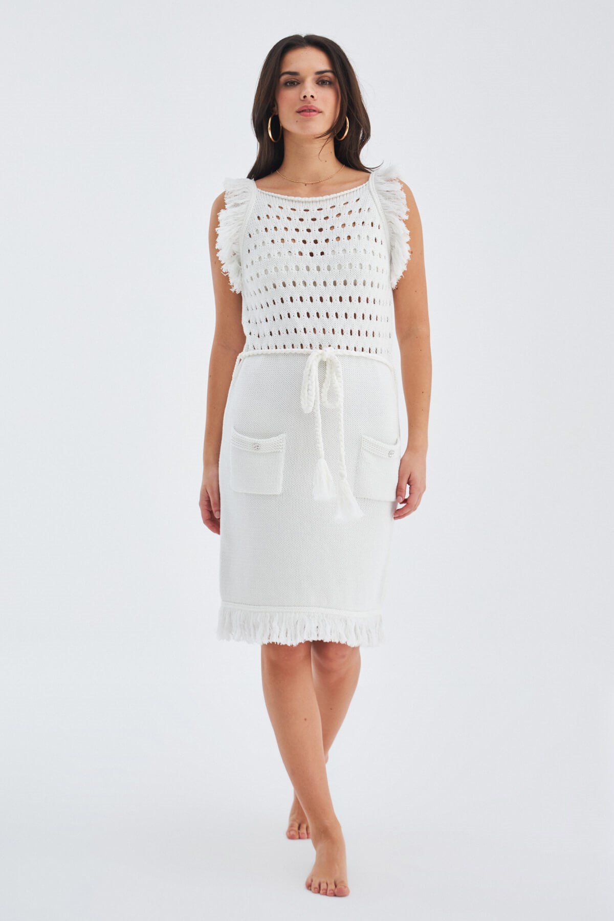 Peraluna MIYOKI DRESS 100% Cotton Above Knee Sleeveles Women's Knitwear Tassel Summer Dress - Off-White