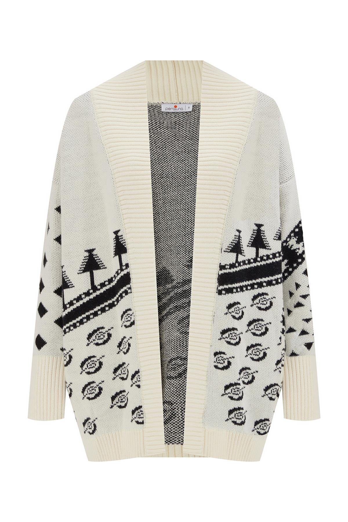 Peraluna MOI CARDİGAN Çam Ağacı Desenli Rahat Kesim Uzun Kadın Triko Hırka Ekru/Siyah