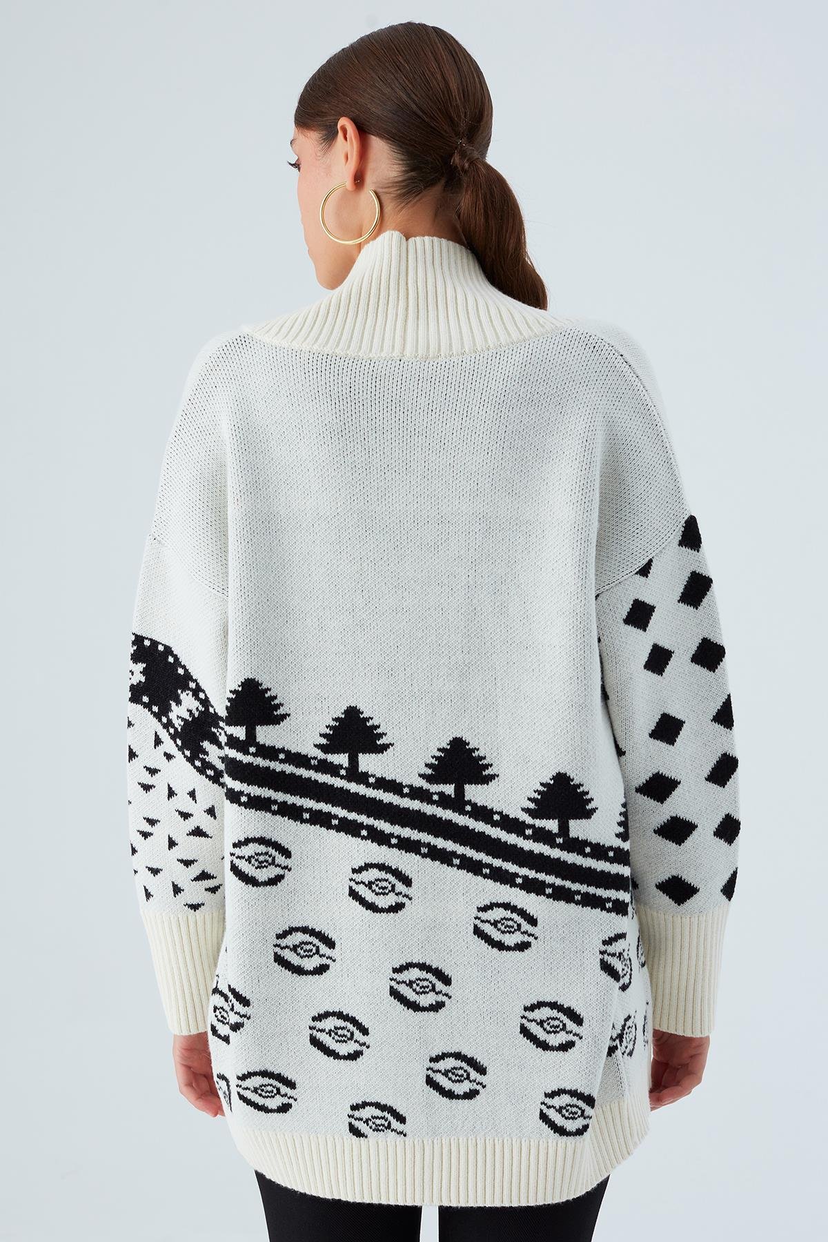 Peraluna MOI CARDİGAN Çam Ağacı Desenli Rahat Kesim Uzun Kadın Triko Hırka Ekru/Siyah