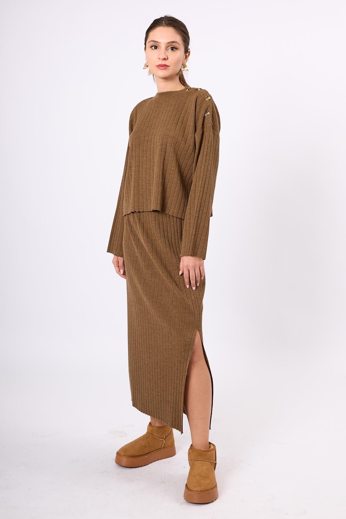 Peraluna Molly Midi Boy Ribana Triko Etek  - Kahve Melanj