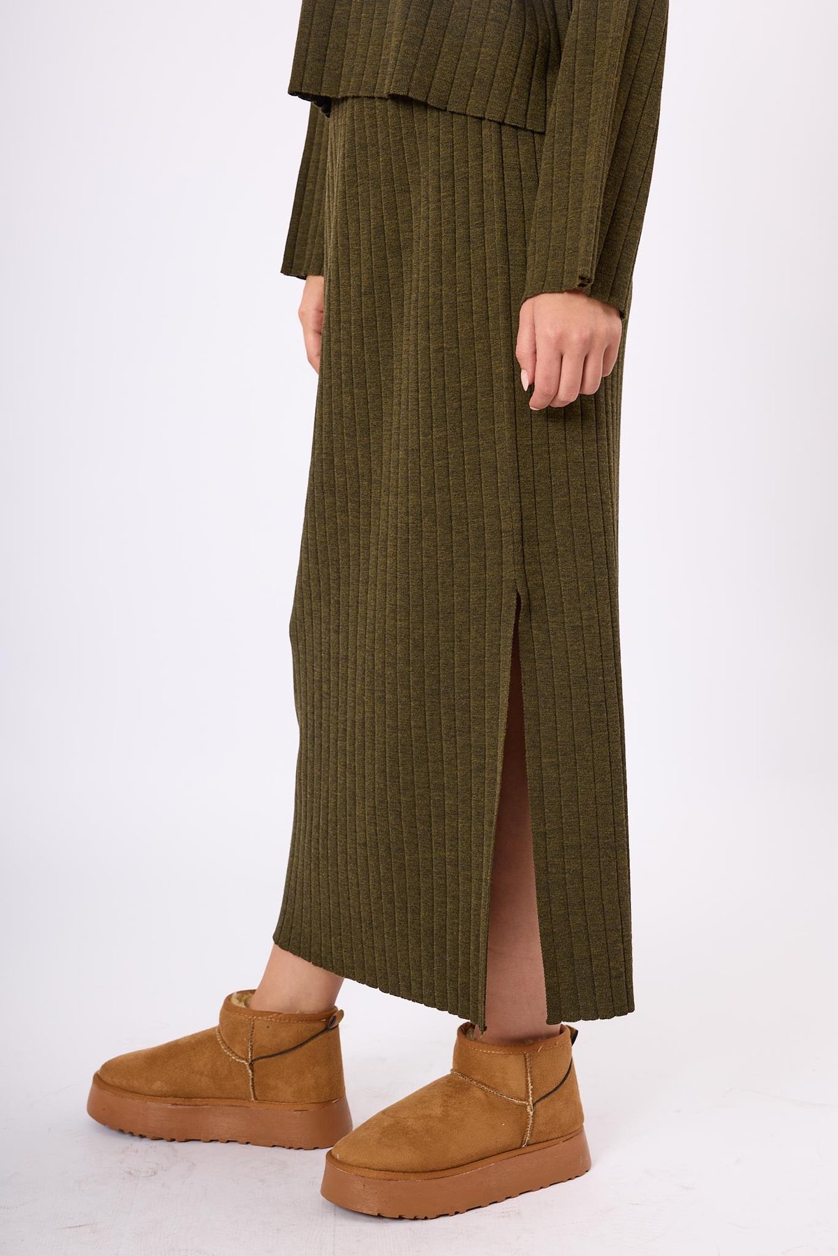 Peraluna Molly Midi Boy Ribana Triko Etek  - Koyu Yeşil Melanj