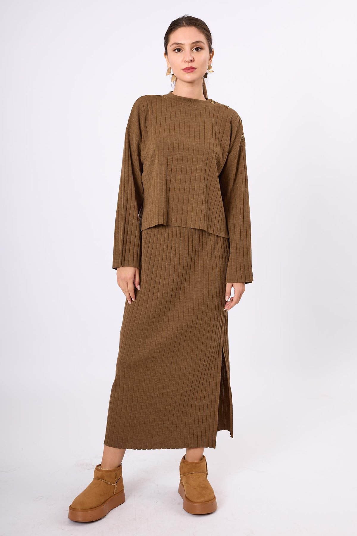 Peraluna Molly Midi Boy Ribana Triko Etek  - Kahve Melanj