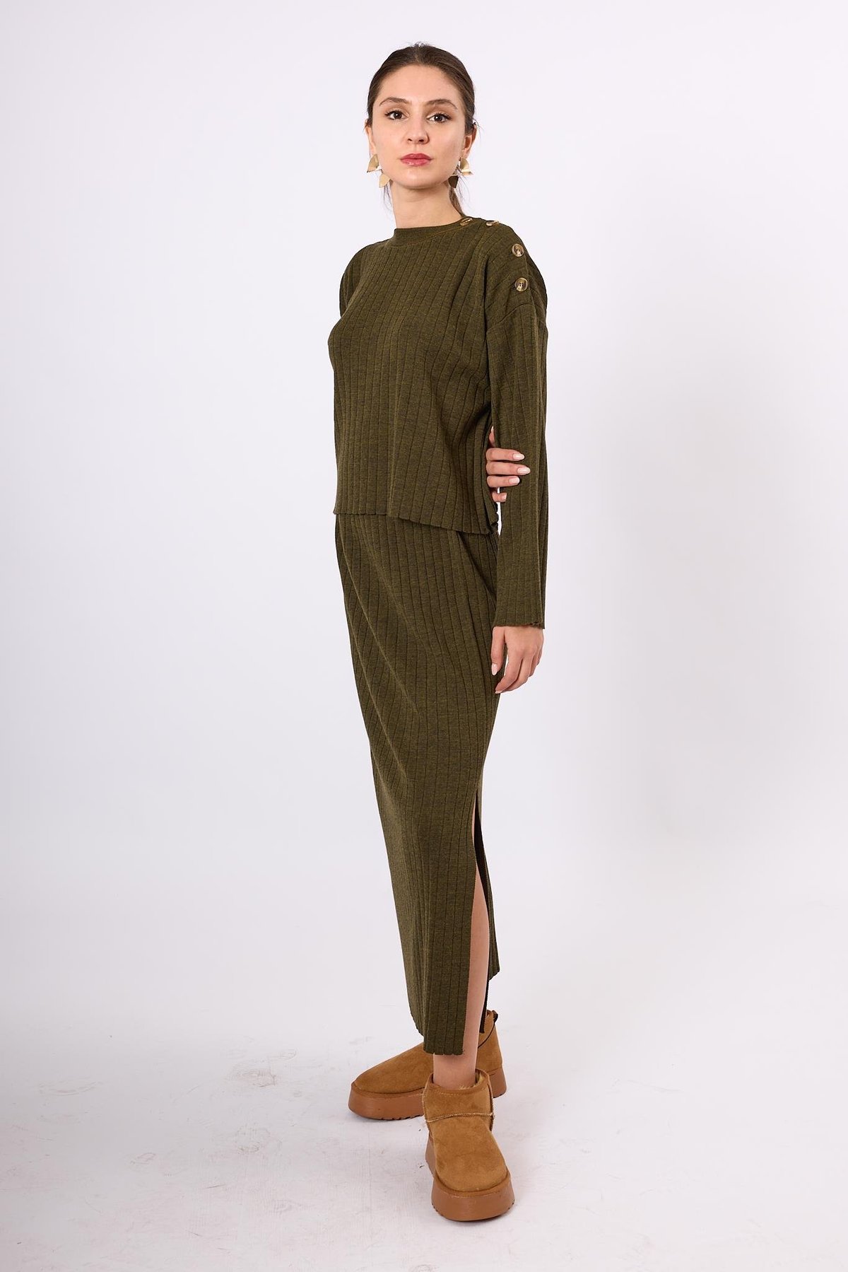 Peraluna Molly Midi Boy Ribana Triko Etek  - Koyu Yeşil Melanj