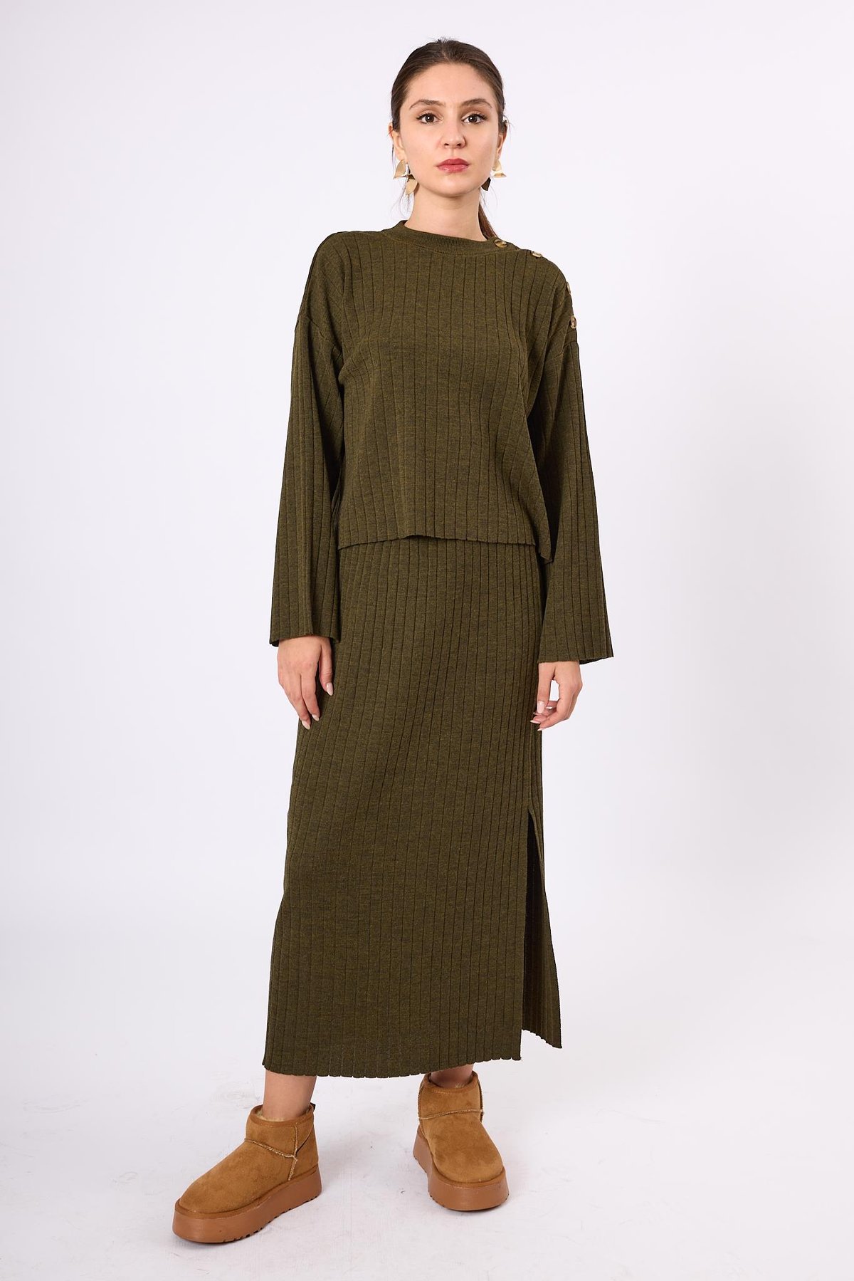 Peraluna Molly Midi Boy Ribana Triko Etek  - Koyu Yeşil Melanj