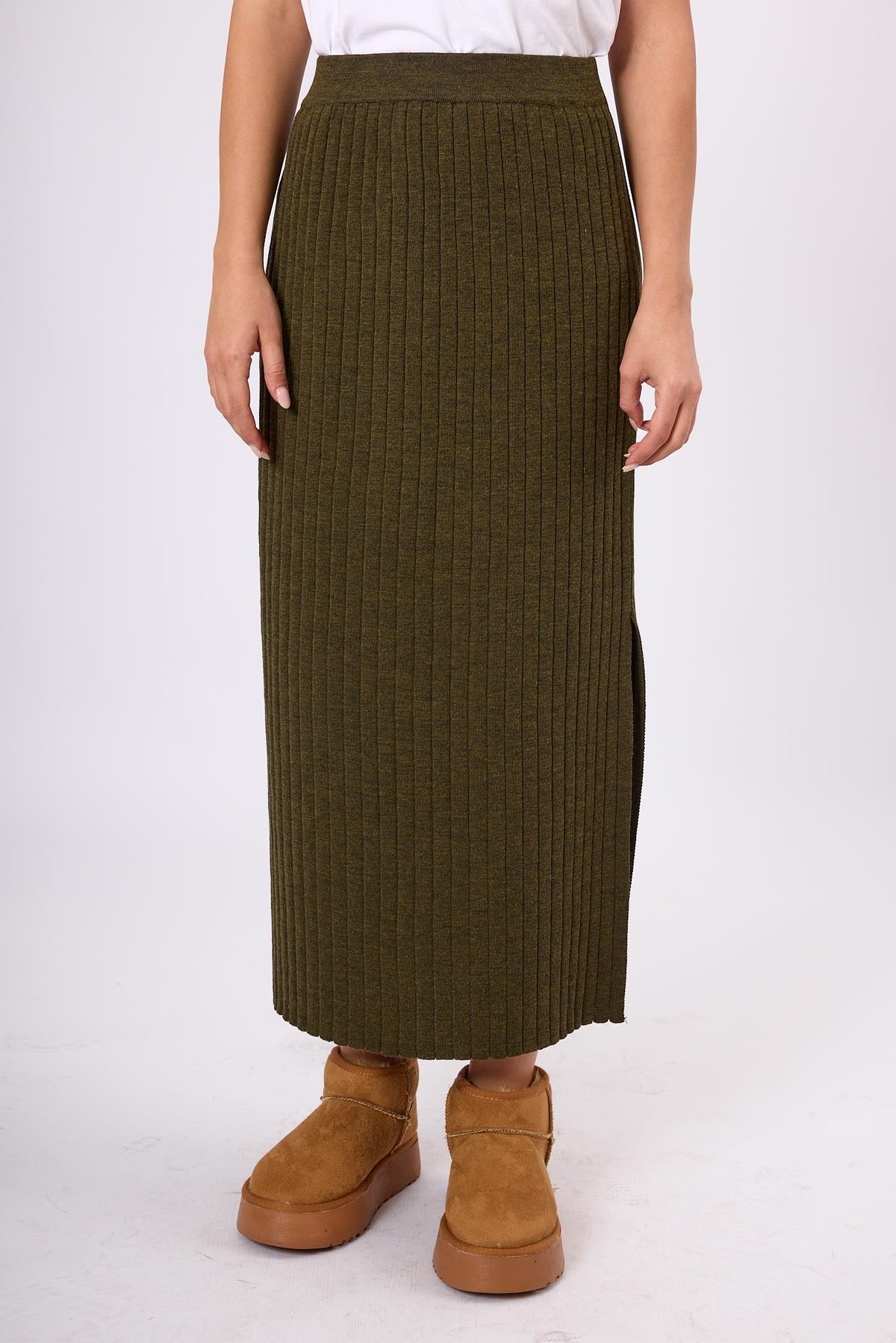 Peraluna Molly Midi Boy Ribana Triko Etek  - Koyu Yeşil Melanj