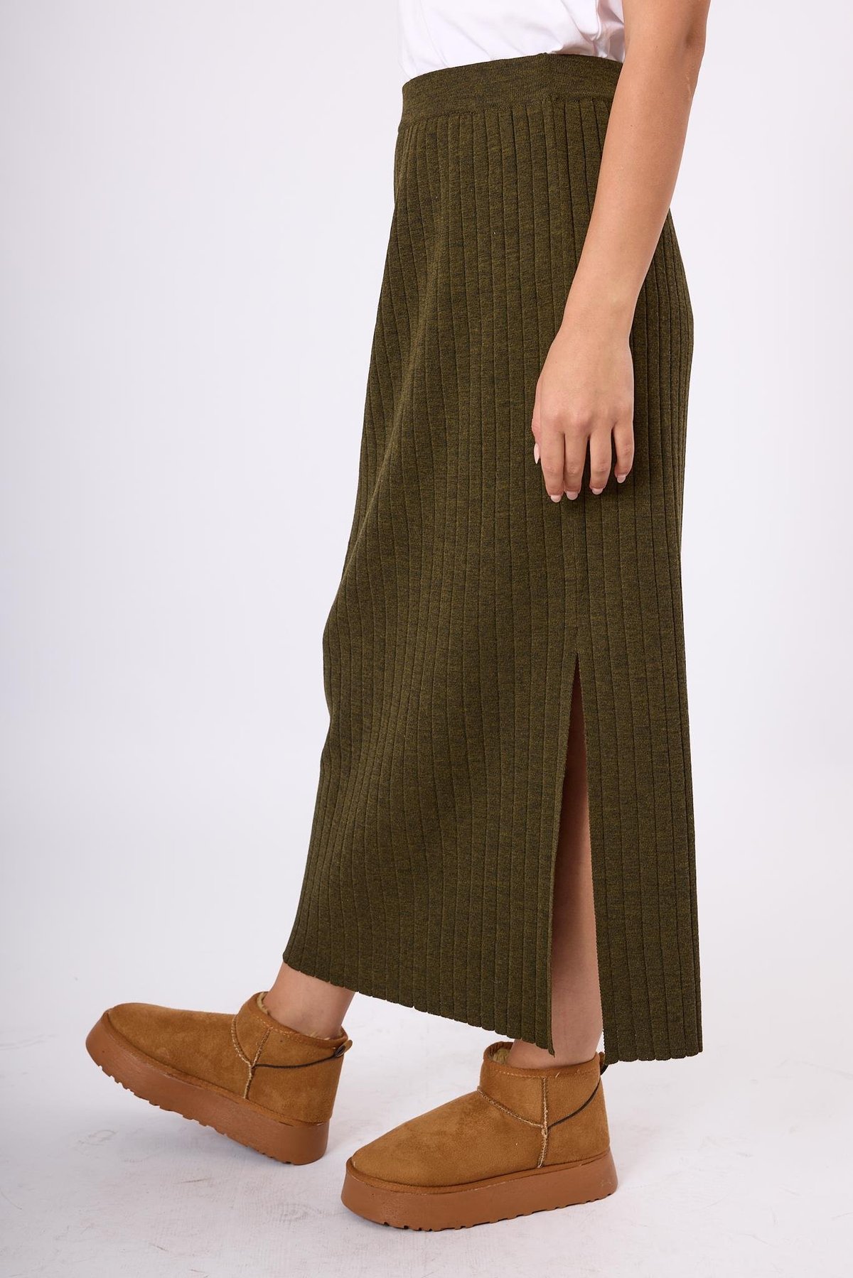 Peraluna Molly Midi Boy Ribana Triko Etek  - Koyu Yeşil Melanj