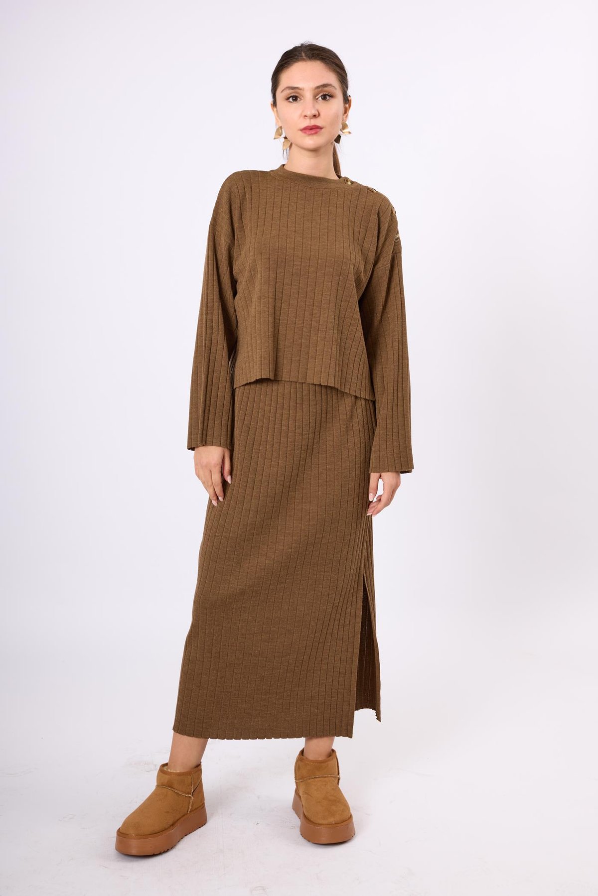 Peraluna Molly Omuzu Düğmeli Kadın Triko Kazak - Kahve Melanj