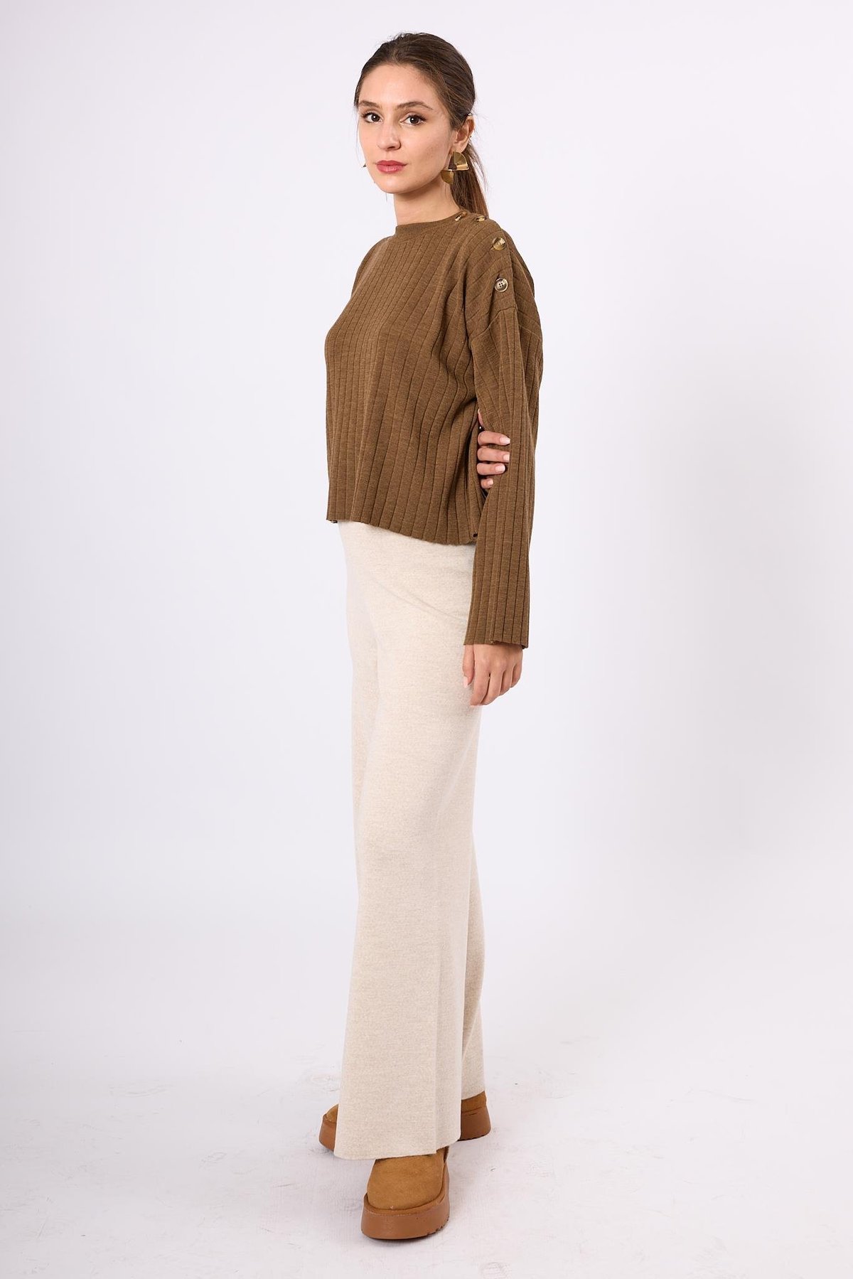 Peraluna Molly Omuzu Düğmeli Kadın Triko Kazak - Kahve Melanj