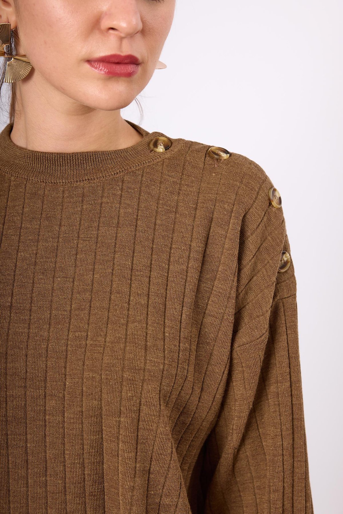 Peraluna Molly Omuzu Düğmeli Kadın Triko Kazak - Kahve Melanj