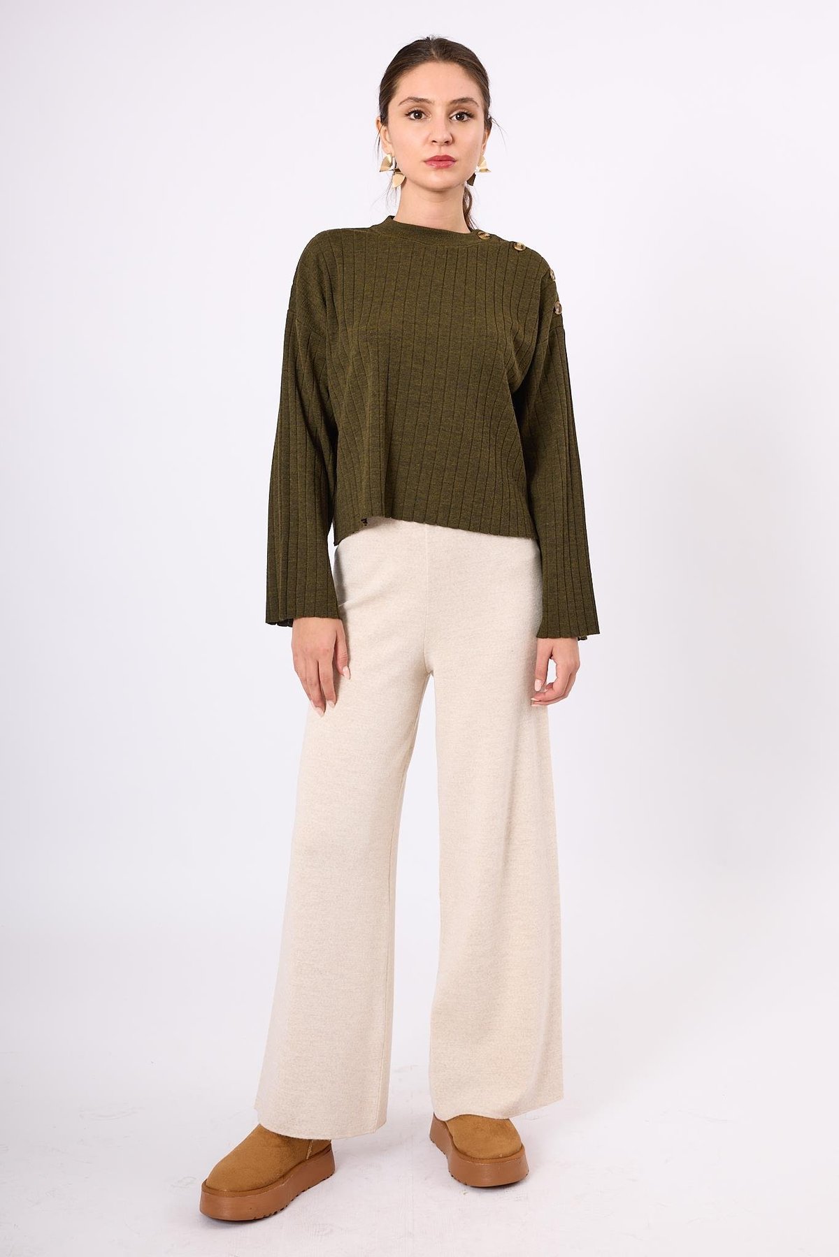 Peraluna Molly Omuzu Düğmeli Kadın Triko Kazak - Koyu Yeşil Melanj