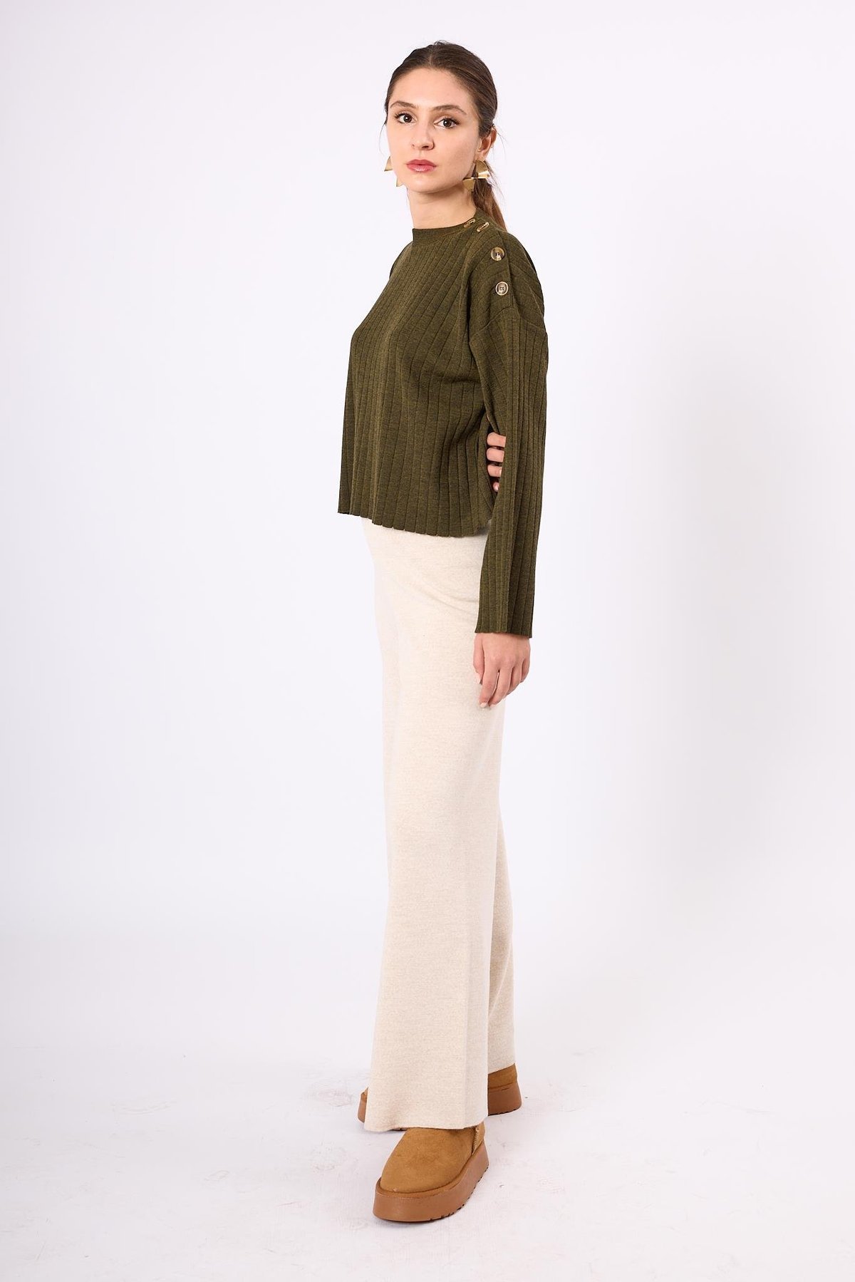 Peraluna Molly Omuzu Düğmeli Kadın Triko Kazak - Koyu Yeşil Melanj