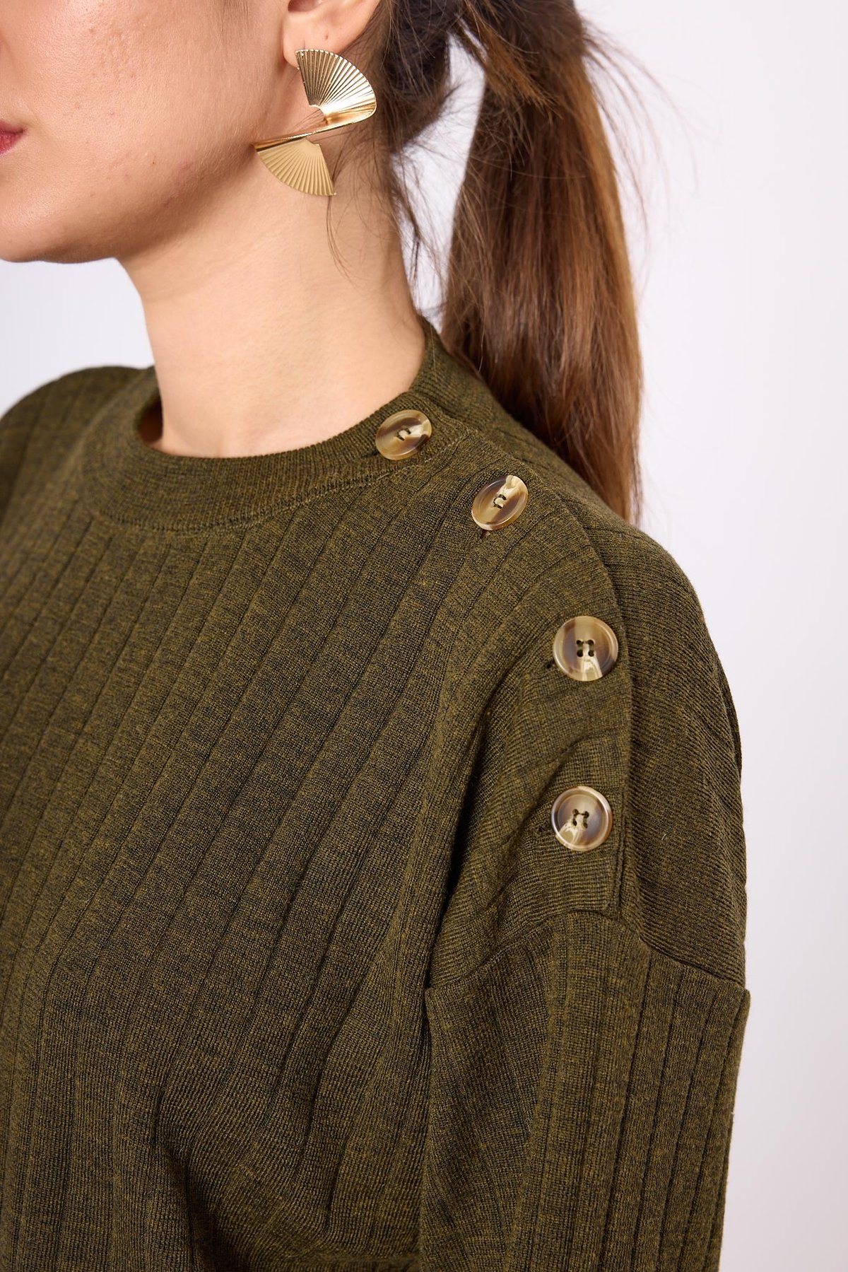 Peraluna Molly Omuzu Düğmeli Kadın Triko Kazak - Koyu Yeşil Melanj