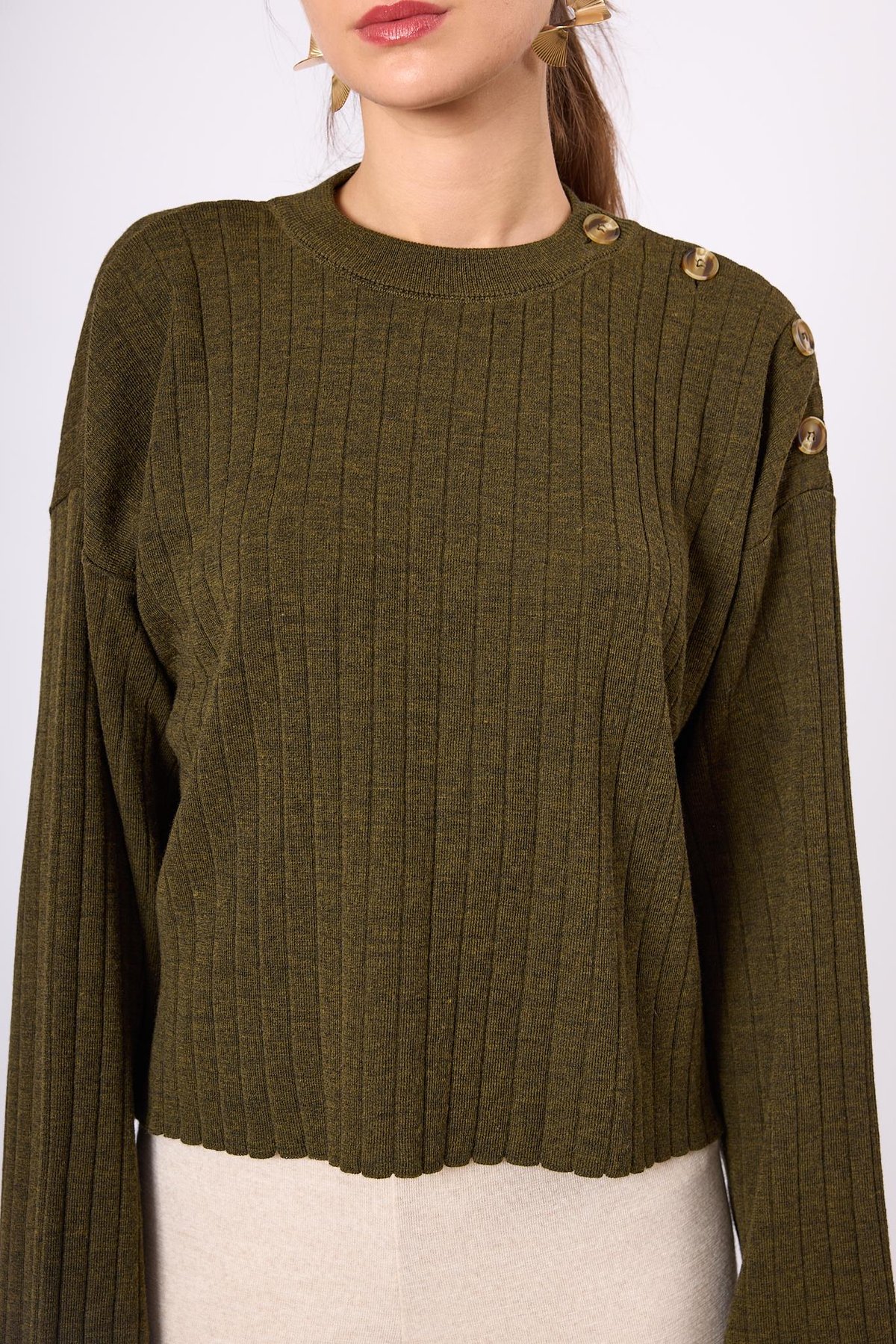 Peraluna Molly Omuzu Düğmeli Kadın Triko Kazak - Koyu Yeşil Melanj