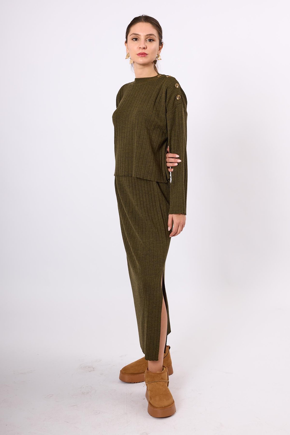 Peraluna Molly Omuzu Düğmeli Kadın Triko Kazak - Koyu Yeşil Melanj