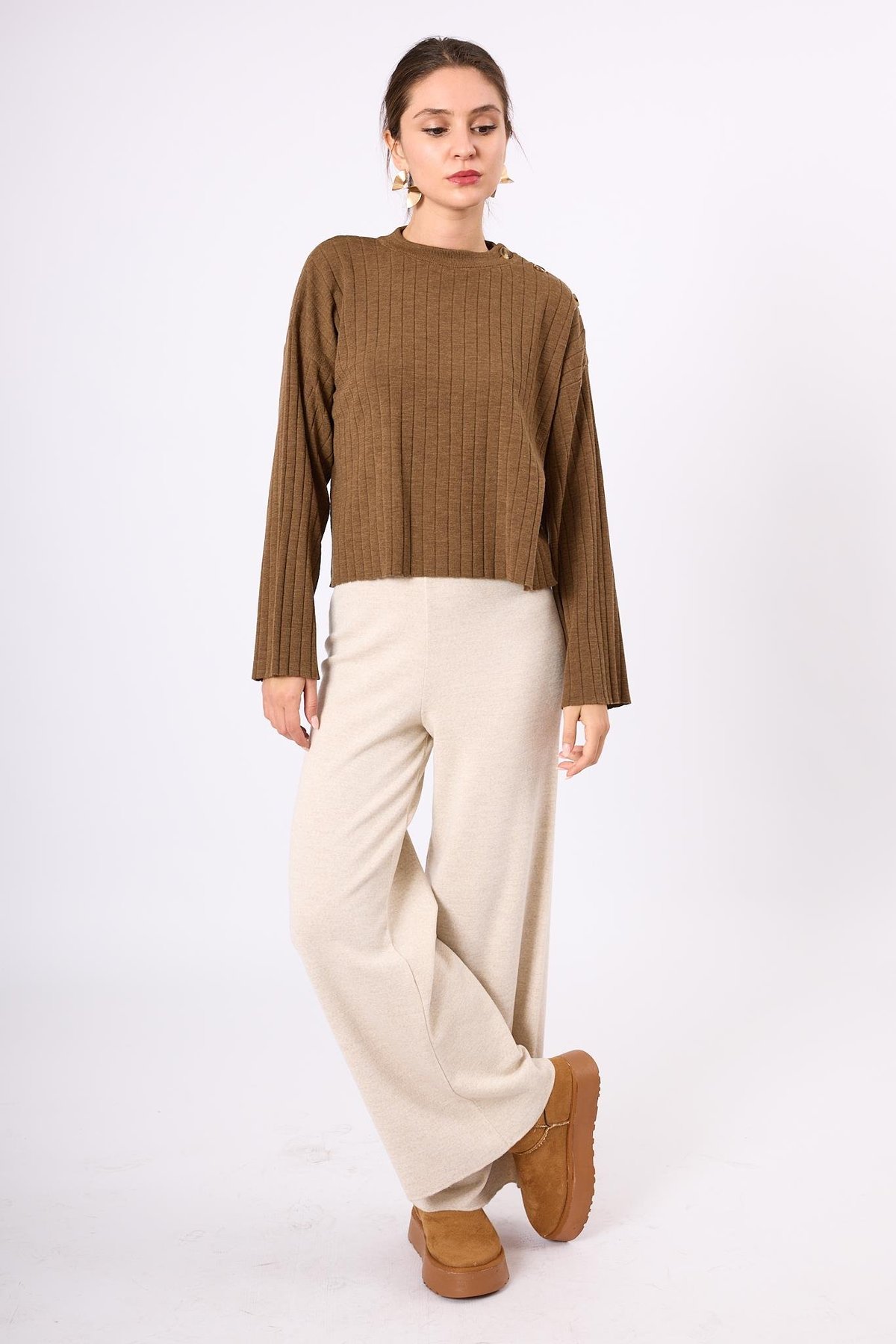 Peraluna Molly Omuzu Düğmeli Kadın Triko Kazak - Kahve Melanj