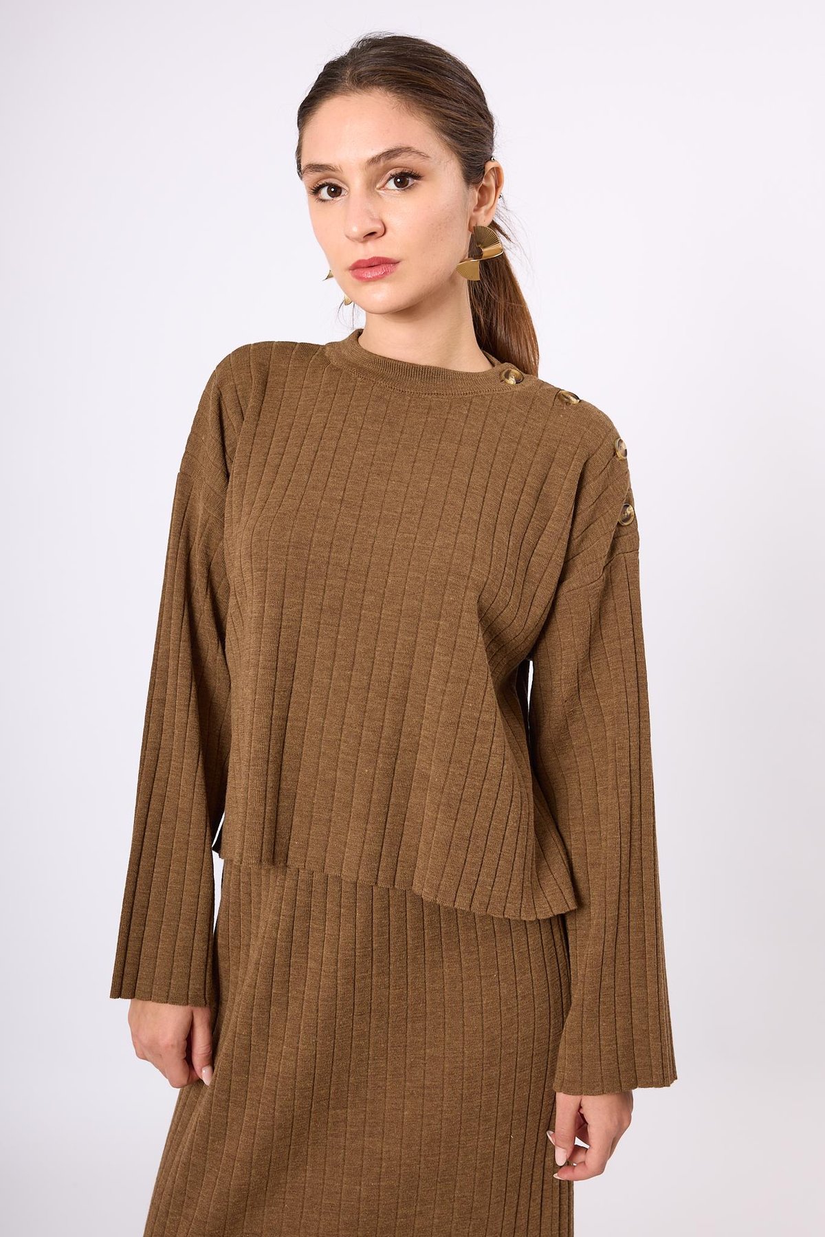 Peraluna Molly Omuzu Düğmeli Kadın Triko Kazak - Kahve Melanj