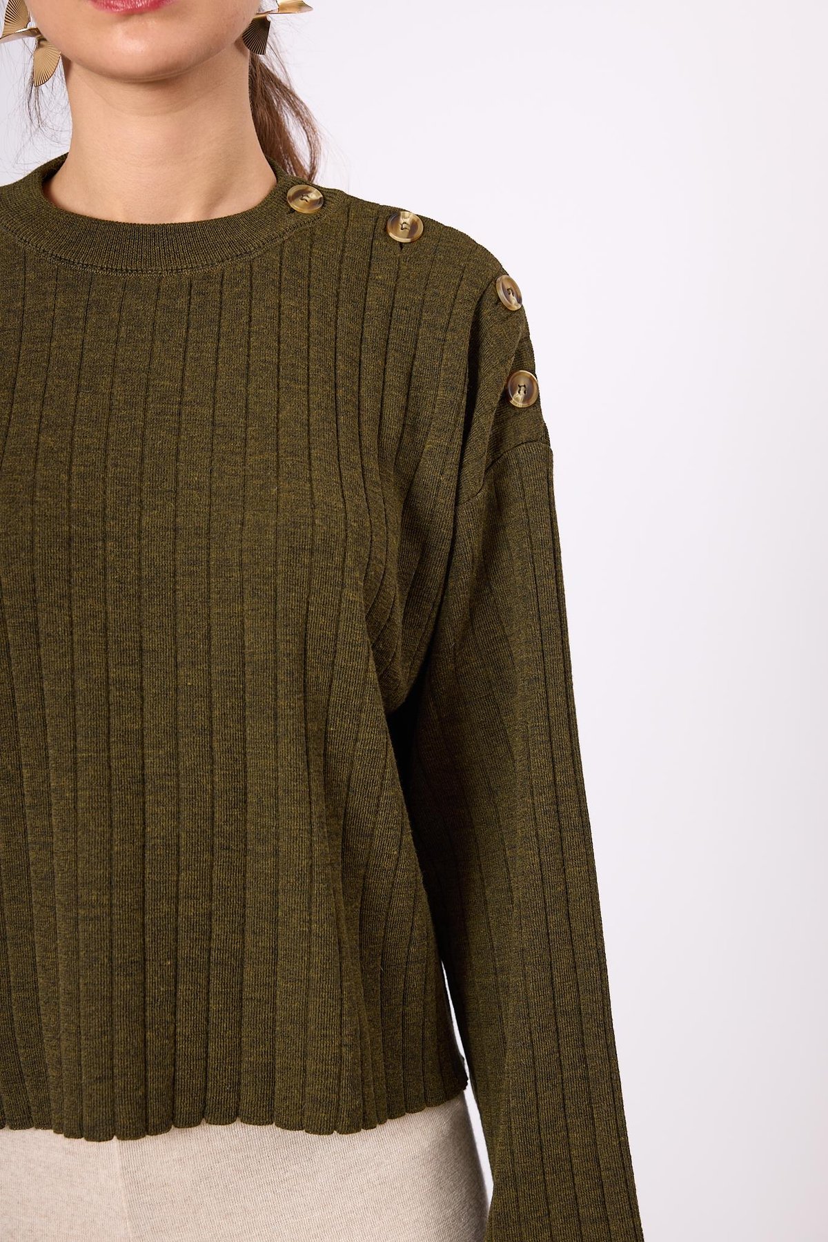 Peraluna Molly Omuzu Düğmeli Kadın Triko Kazak - Koyu Yeşil Melanj