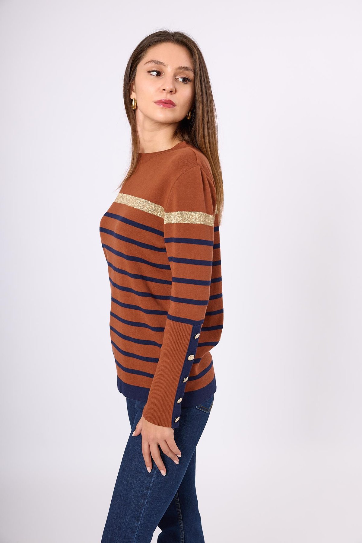 Peraluna Monroe Çizgili Kadın Triko Kazak - Kızıl Kahve