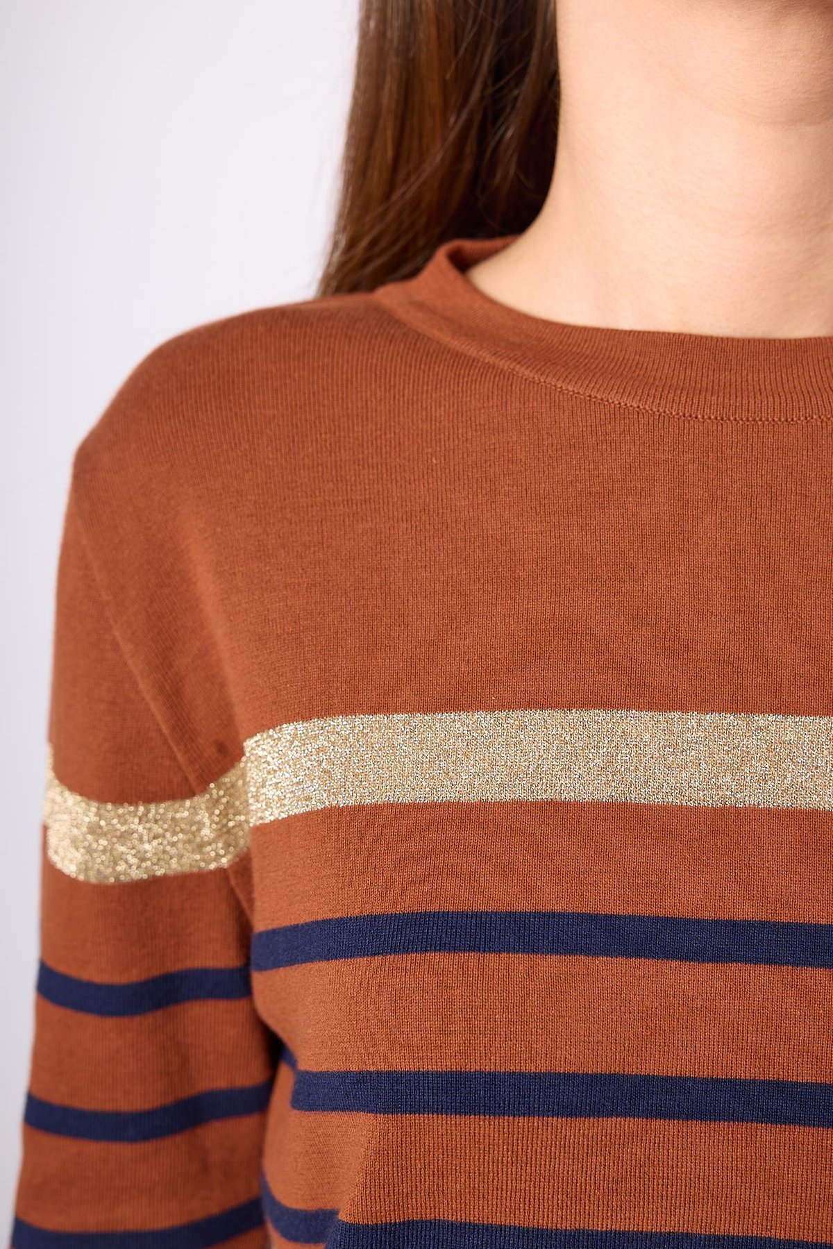 Peraluna Monroe Çizgili Kadın Triko Kazak - Kızıl Kahve