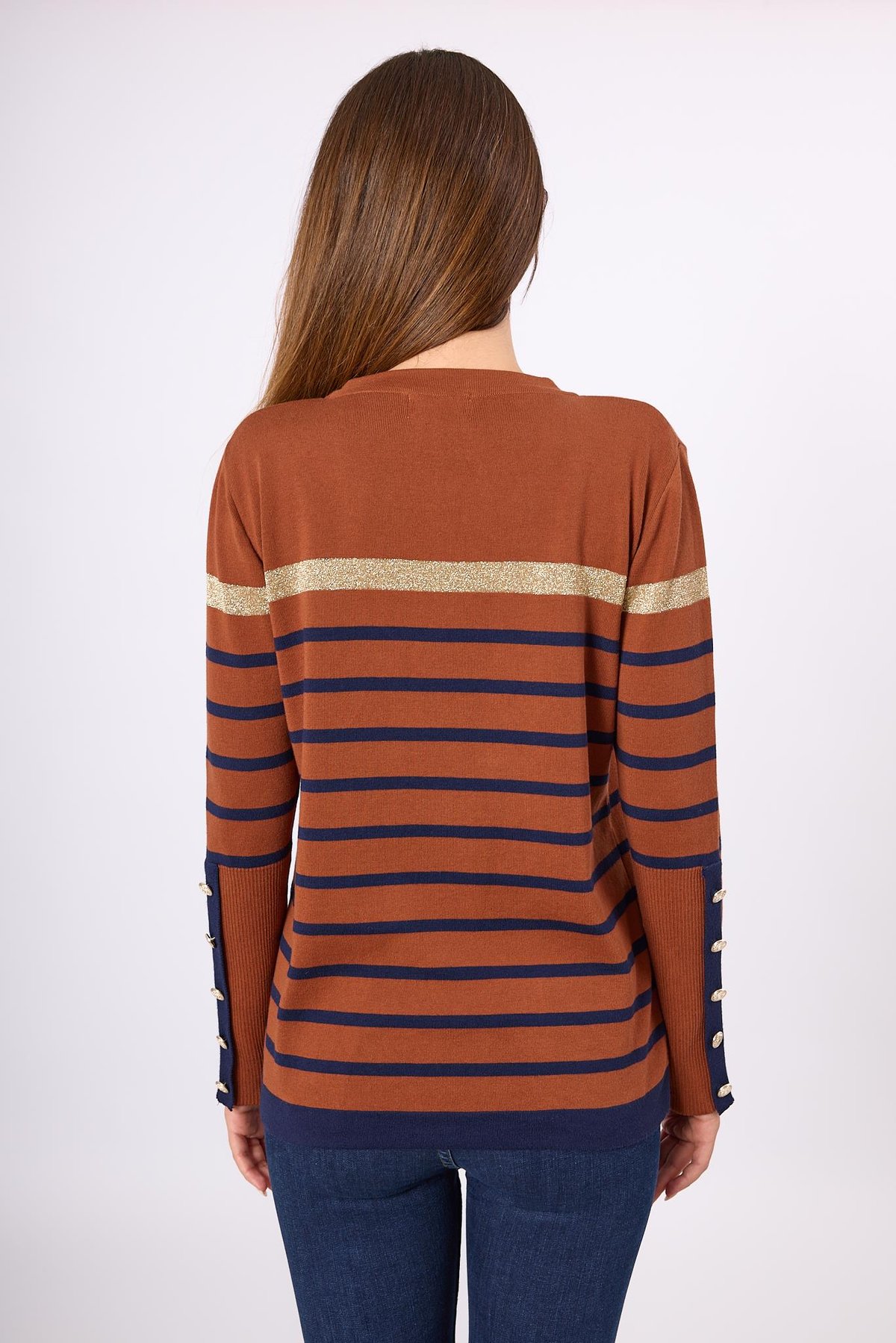 Peraluna Monroe Çizgili Kadın Triko Kazak - Kızıl Kahve