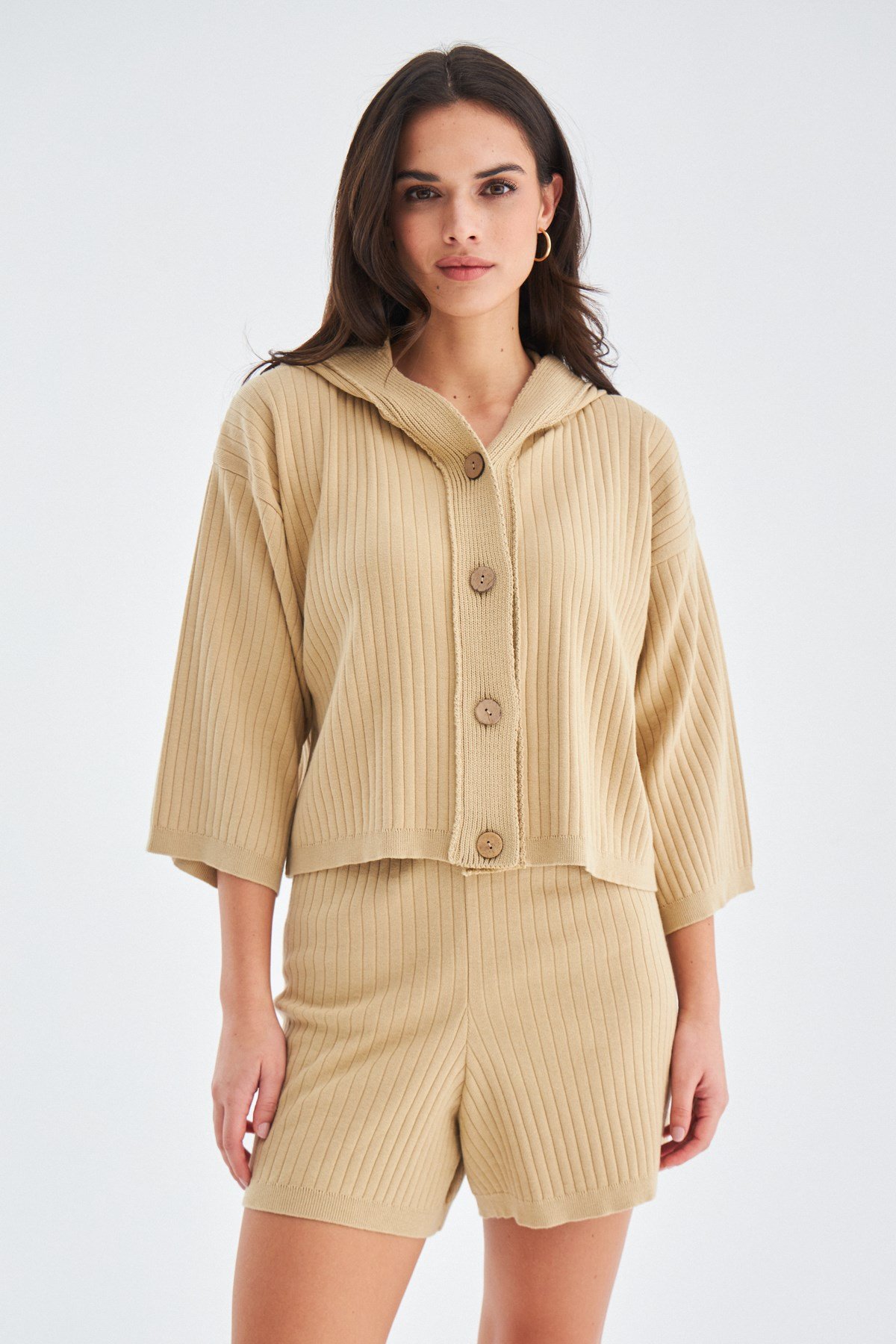 Peraluna MUJO CARDIGAN & SHORTS %100 Pamuk Kadın Triko Şort Takım Bej