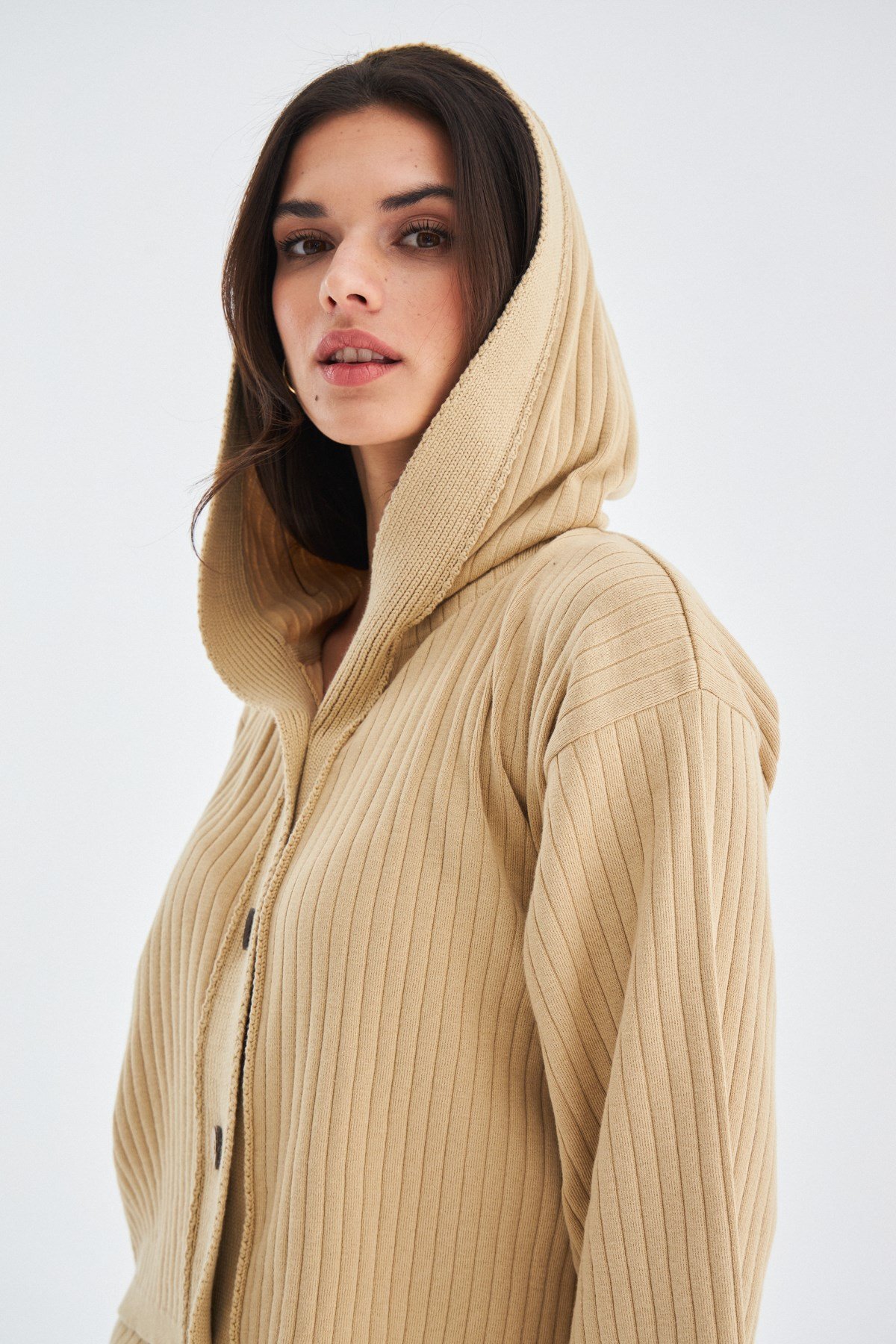 Peraluna MUJO CARDIGAN & SHORTS %100 Pamuk Kadın Triko Şort Takım Bej