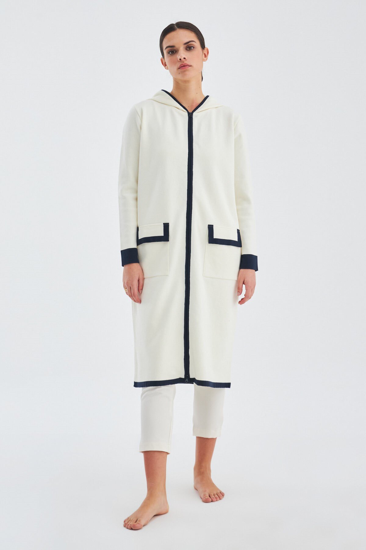 Peraluna Nara Cardigan 100% Cotton Hooded Women's Knitwear Cardigan - Ecru/Navy Blue