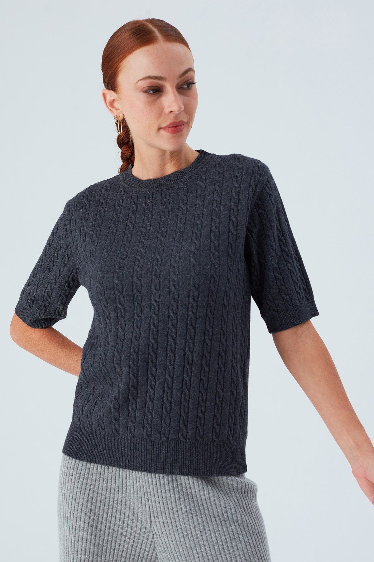 Peraluna NICOLE BLOUSE Saç Örgülü Kısa Kollu Kaşmirli Kadın Triko Bluz Antrasit