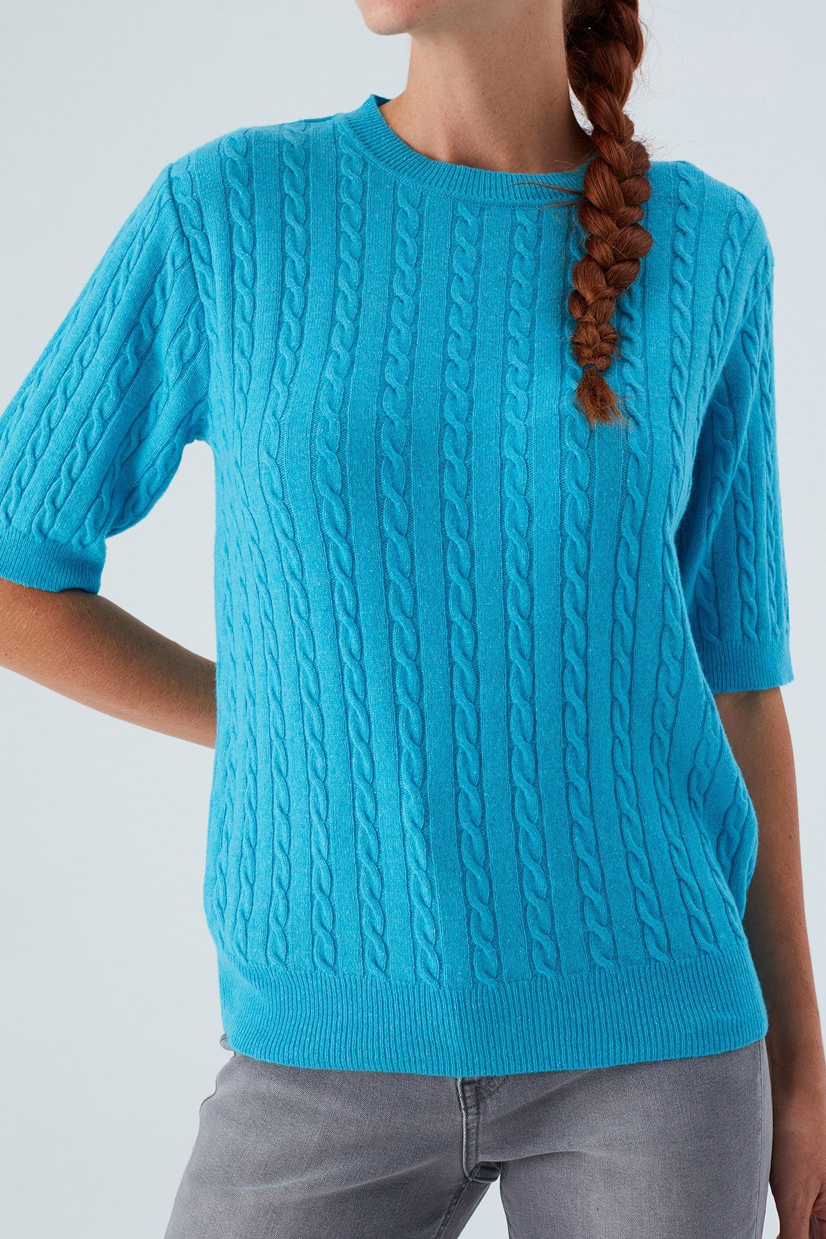 Peraluna NICOLE BLOUSE Saç Örgülü Kısa Kollu Kaşmirli Kadın Triko Bluz Turkuaz