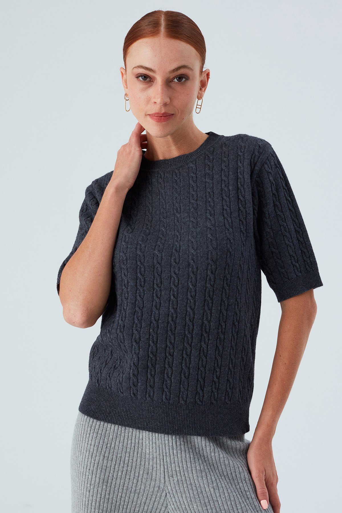 Peraluna NICOLE BLOUSE Saç Örgülü Kısa Kollu Kaşmirli Kadın Triko Bluz Antrasit