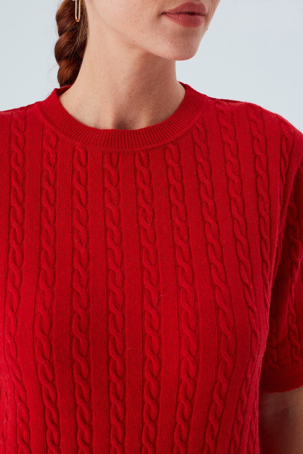 Peraluna NICOLE BLOUSE Saç Örgülü Kısa Kollu Kaşmirli Kadın Triko Bluz Kırmızı