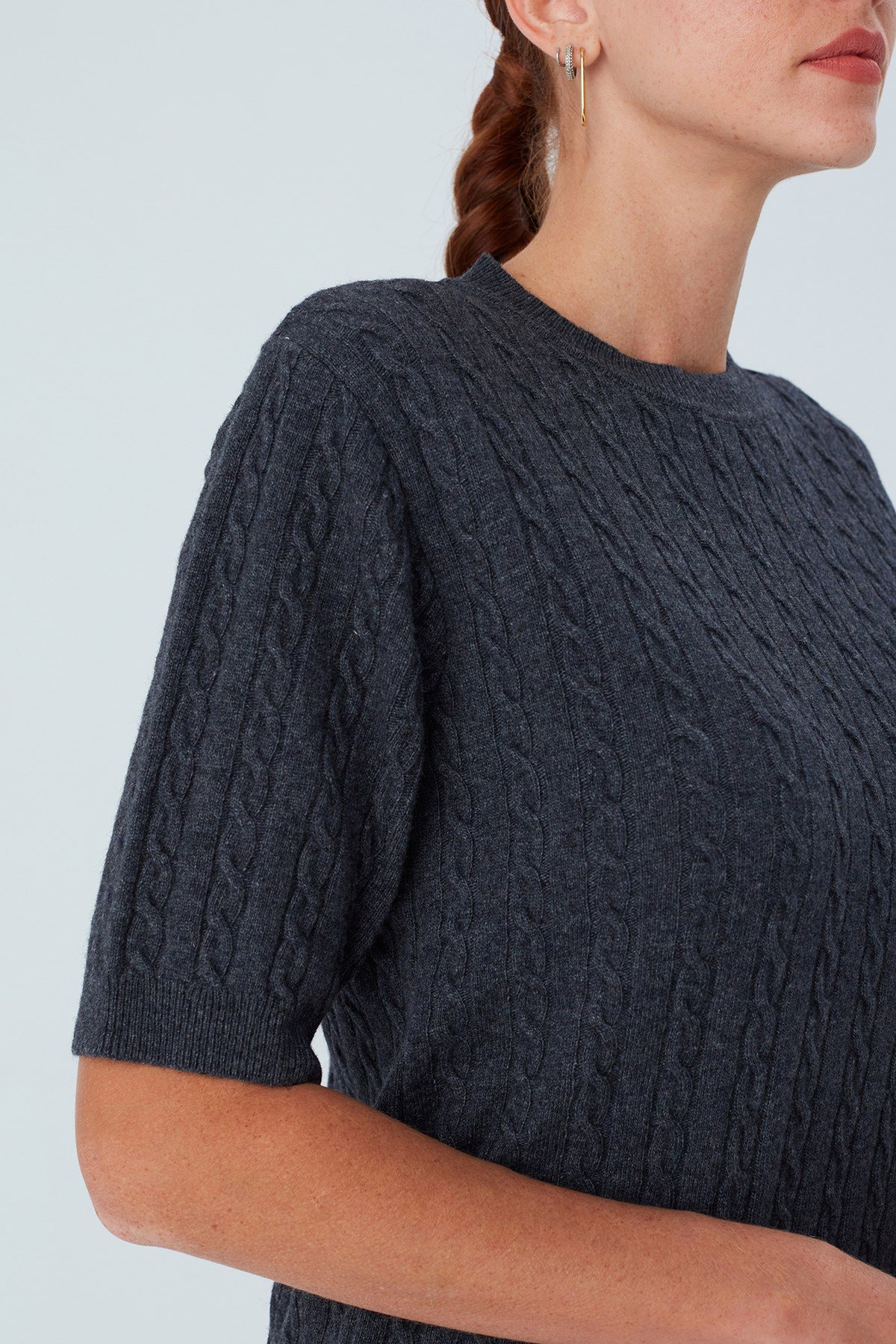 Peraluna NICOLE BLOUSE Saç Örgülü Kısa Kollu Kaşmirli Kadın Triko Bluz Antrasit