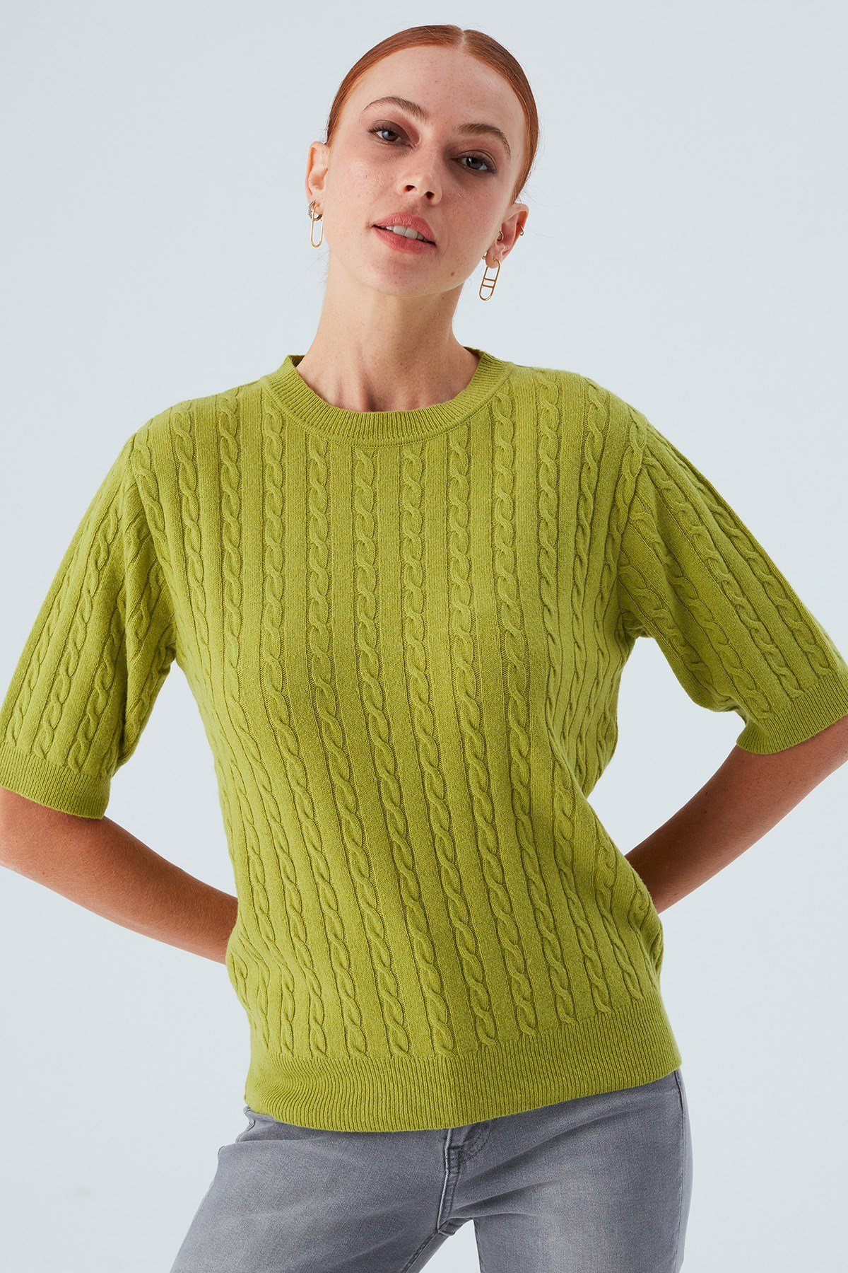 Peraluna NICOLE BLOUSE Saç Örgülü Kısa Kollu Kaşmirli Kadın Triko Bluz Yeşil