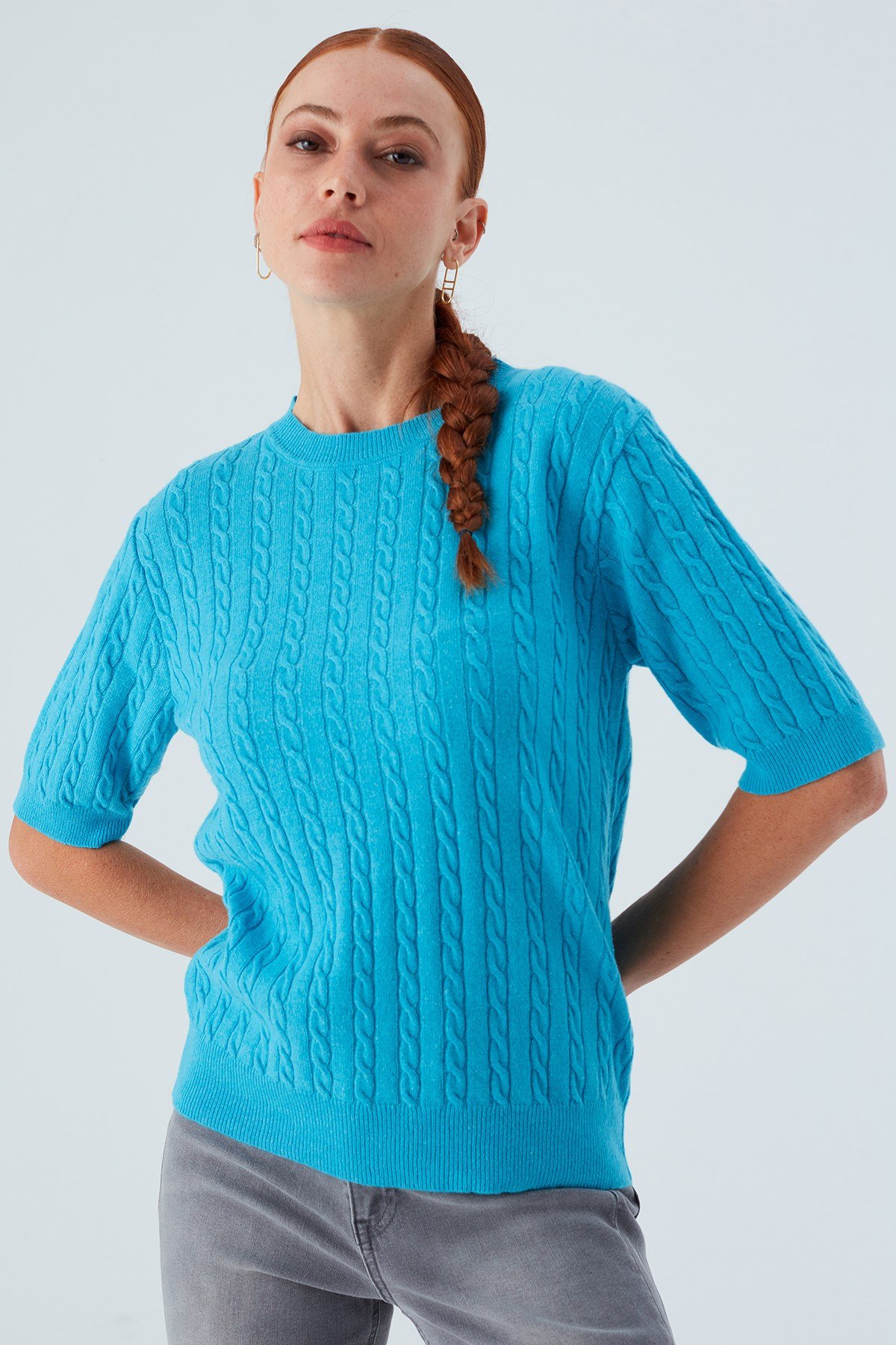 Peraluna NICOLE BLOUSE Saç Örgülü Kısa Kollu Kaşmirli Kadın Triko Bluz Turkuaz