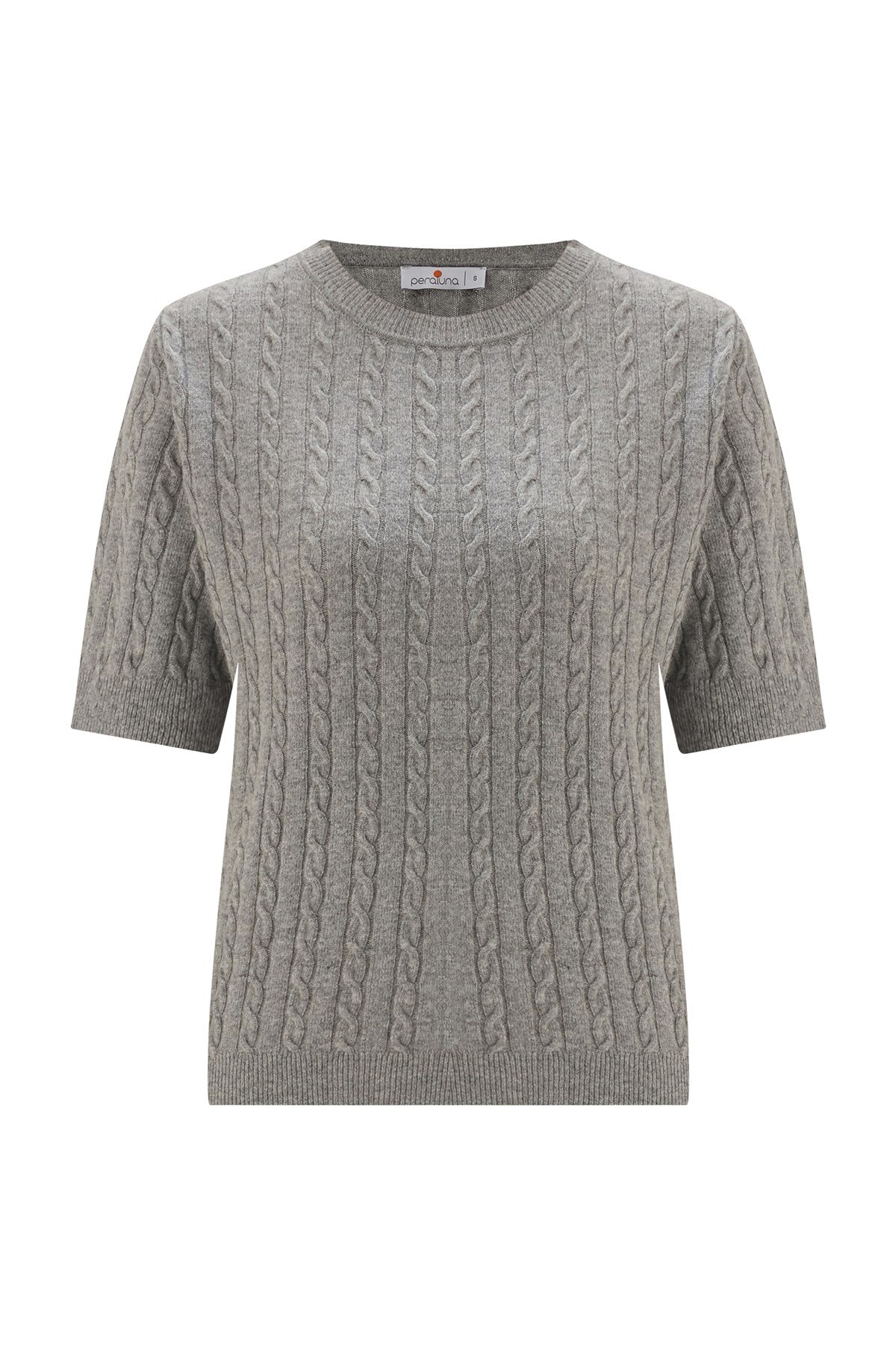 Peraluna NICOLE BLOUSE Saç Örgülü Kısa Kollu Kaşmirli Kadın Triko Bluz Gri Melanj
